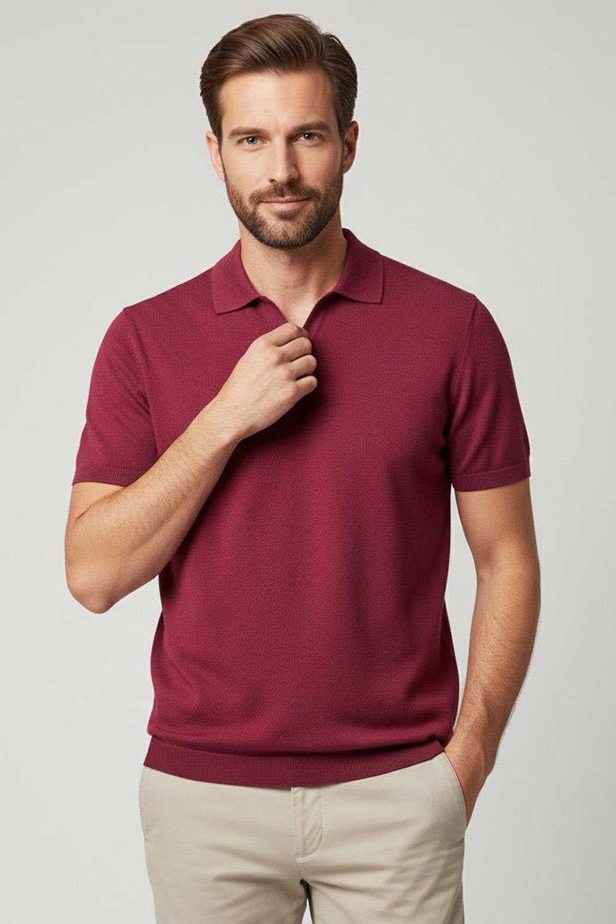 Triko Polo V Yaka T-shirt Açık Bordo - Sabri Özel