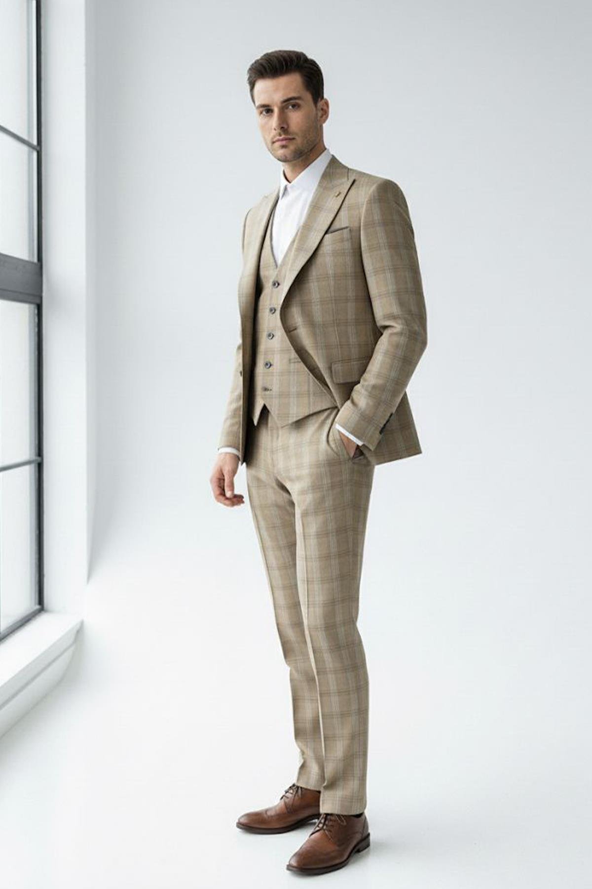 Yelekli Takım Elbise Krem - Sabri Özel