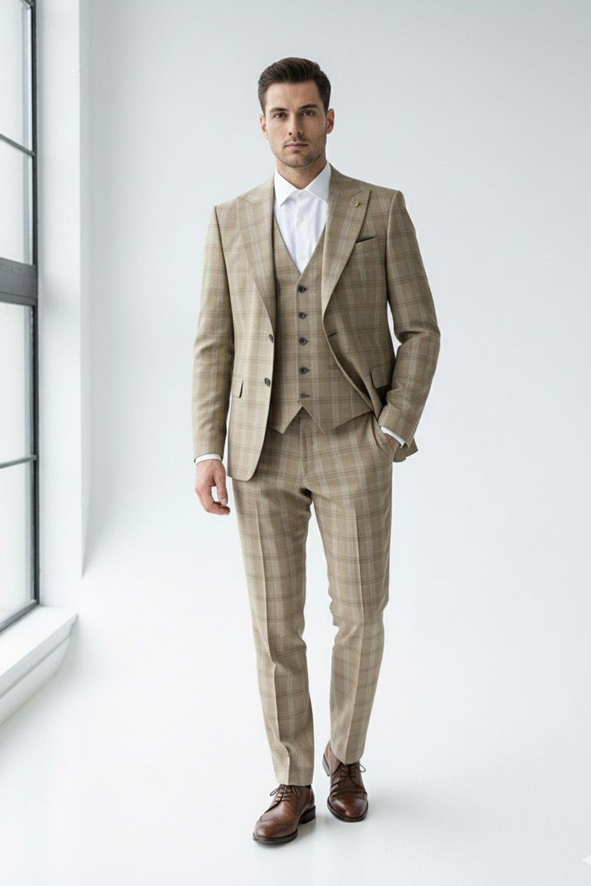 Yelekli Takım Elbise Krem - Sabri Özel