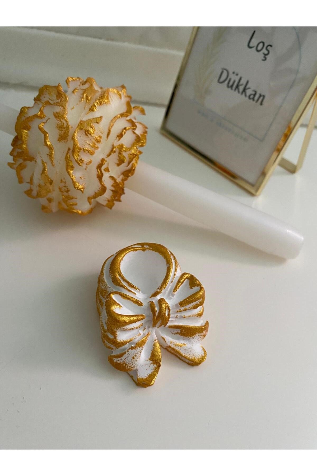 1 Adet Gold Geçişli Şakayıklı Şamdan Mumu ve Şamdanlık Dahil Set
