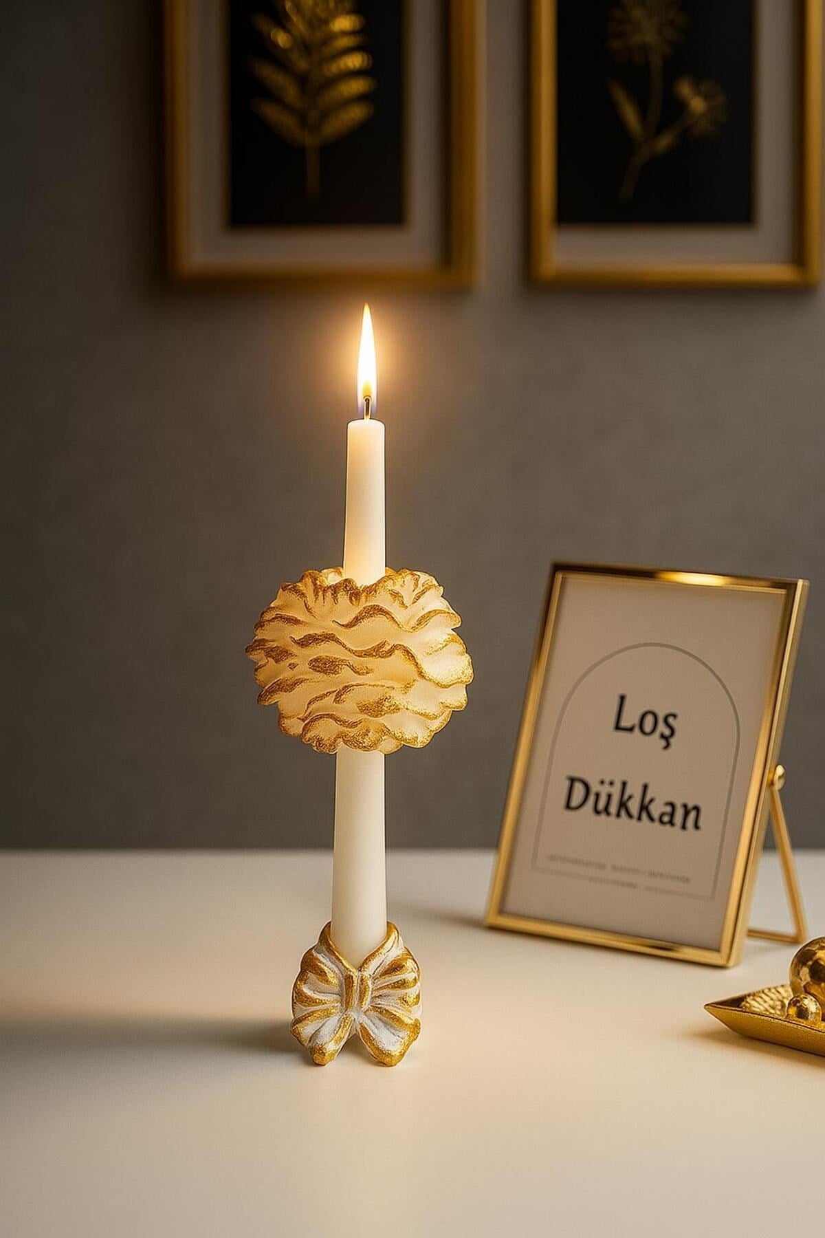 1 Adet Gold Geçişli Şakayıklı Şamdan Mumu ve Şamdanlık Dahil Set