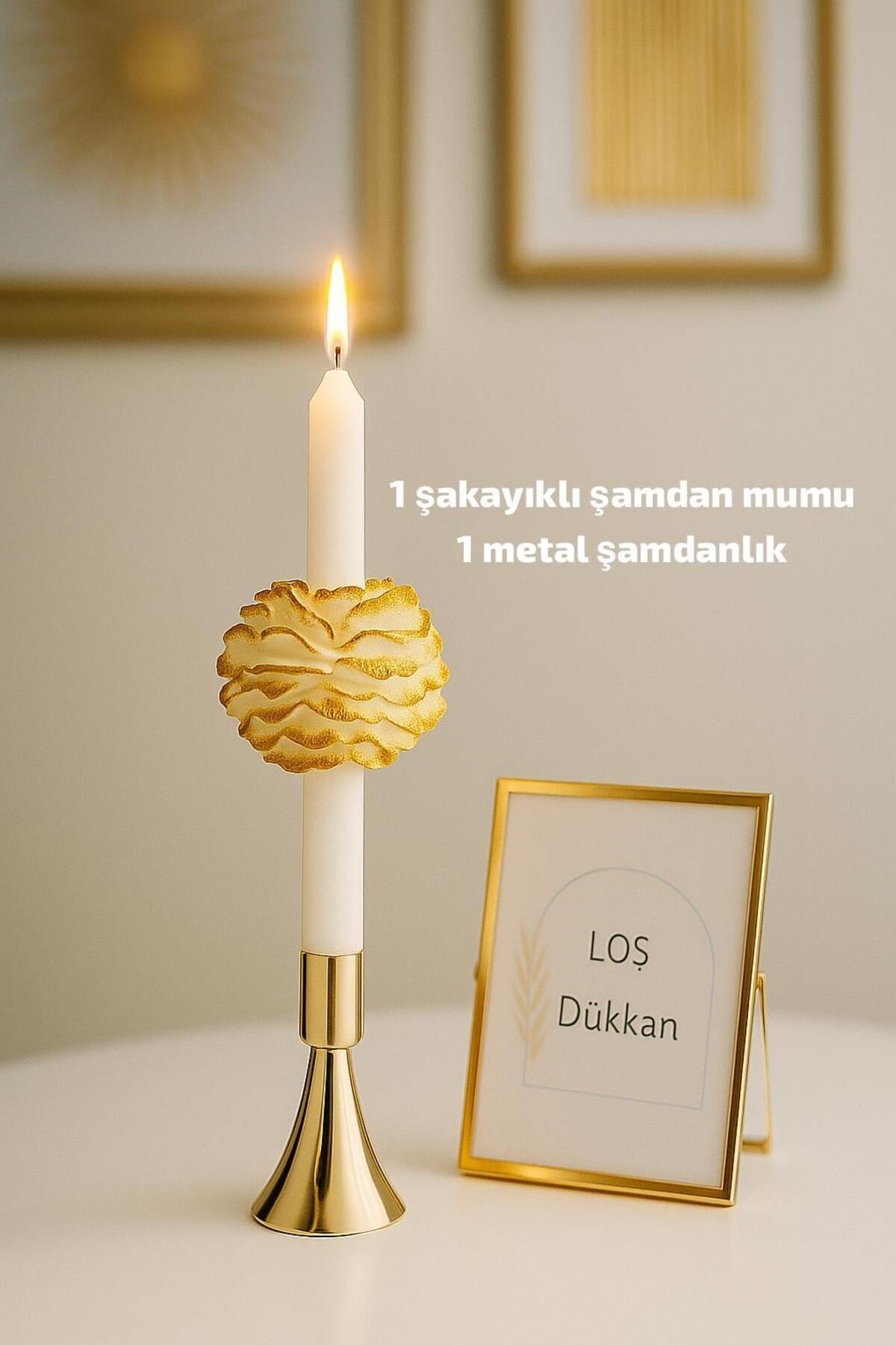 1 Adet Gold Geçişli Şakayıklı Şamdan Mumu ve Şamdanlık Dahil Set