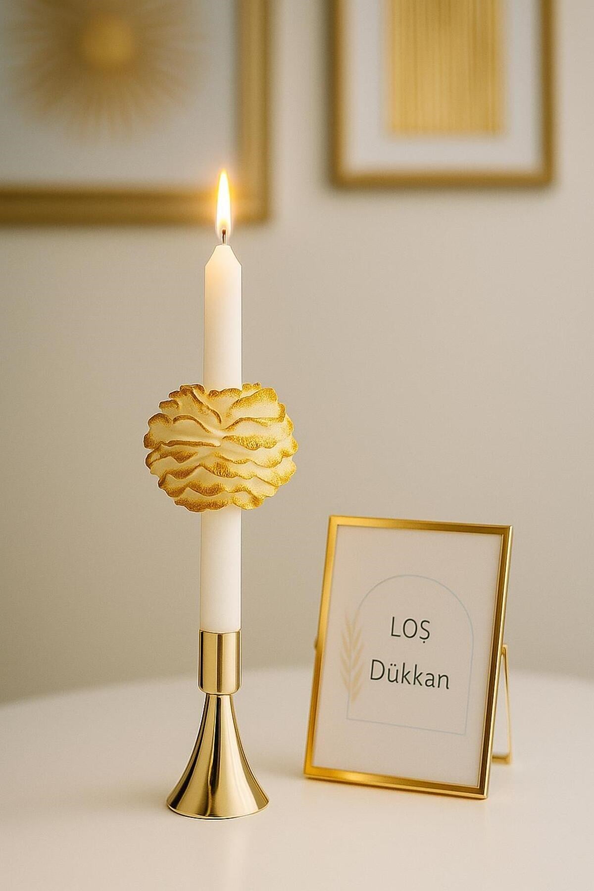1 Adet Gold Geçişli Şakayıklı Şamdan Mumu ve Şamdanlık Dahil Set