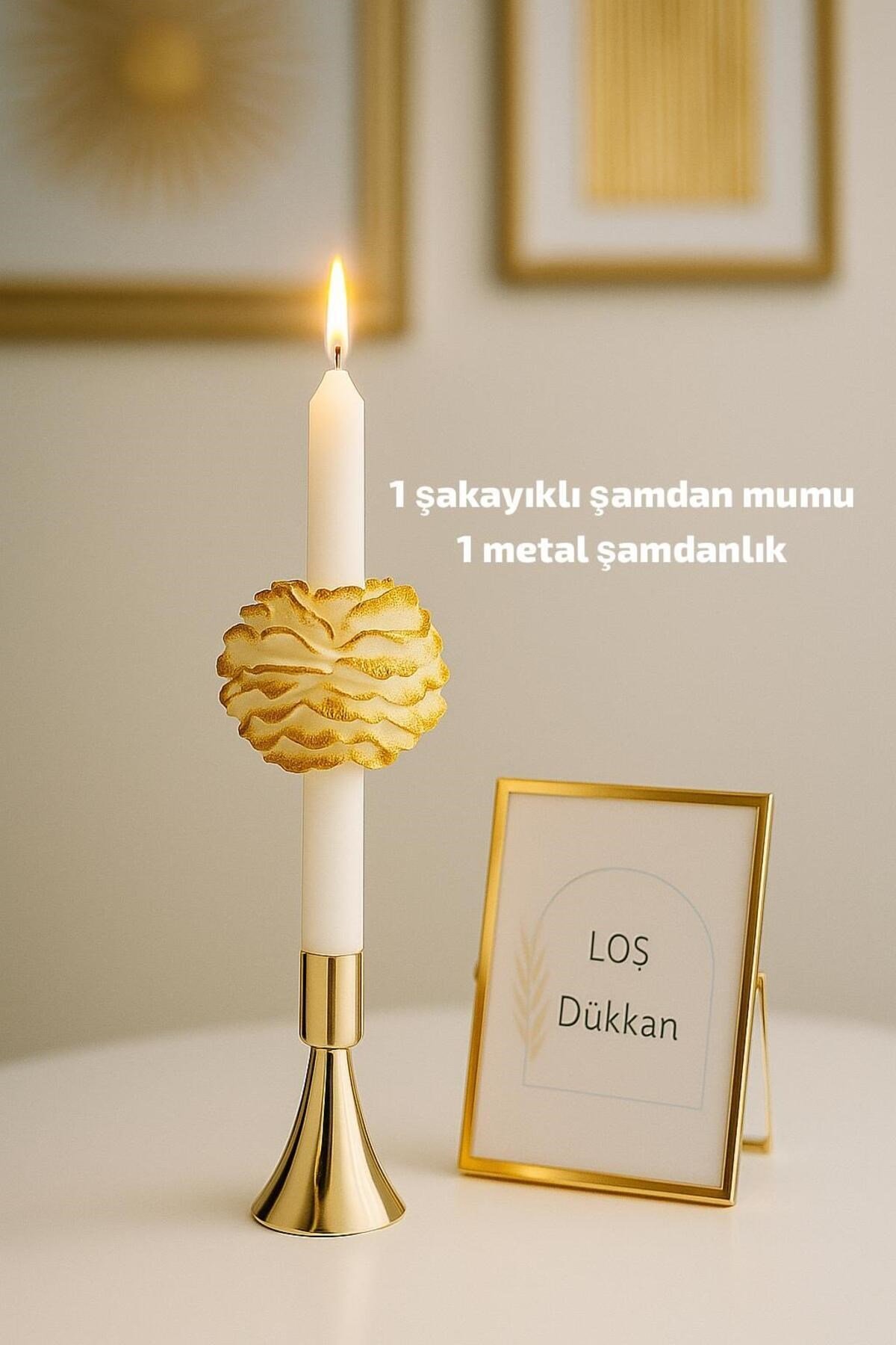1 Adet Gold Geçişli Şakayıklı Şamdan Mumu ve Şamdanlık Dahil Set