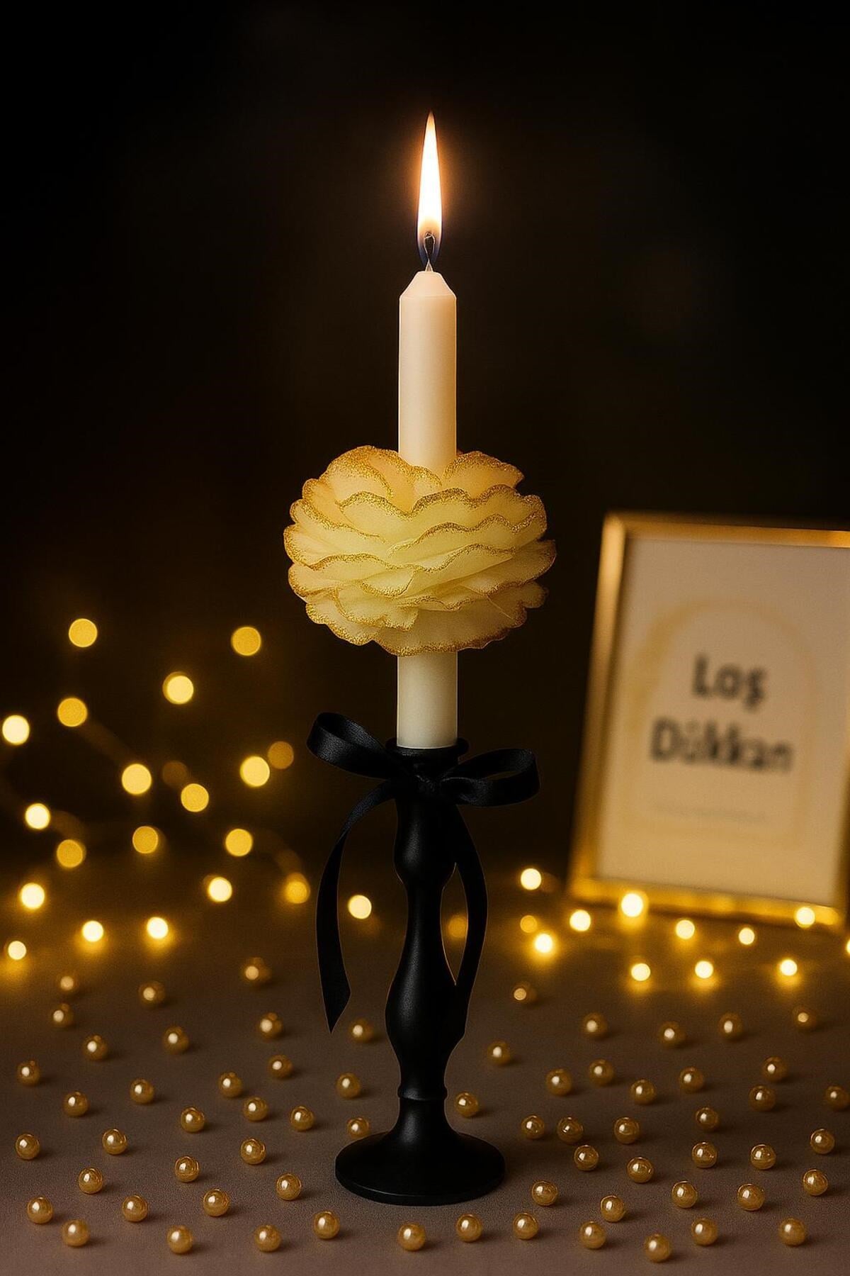 1 Adet Gold Gül Motifli - Şakayıklı Şamdan Mumu