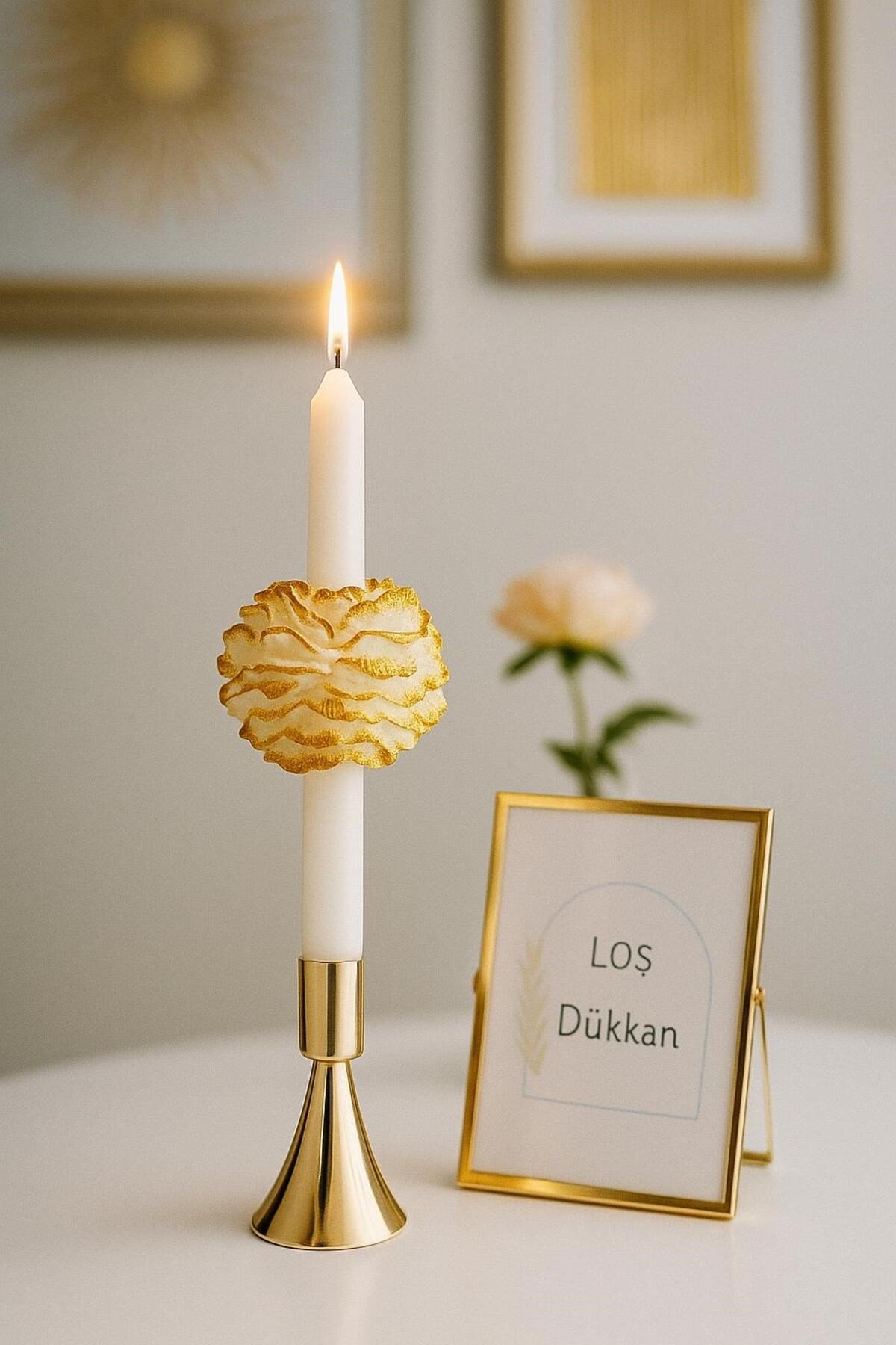 1 Adet Gold Gül Motifli - Şakayıklı Şamdan Mumu