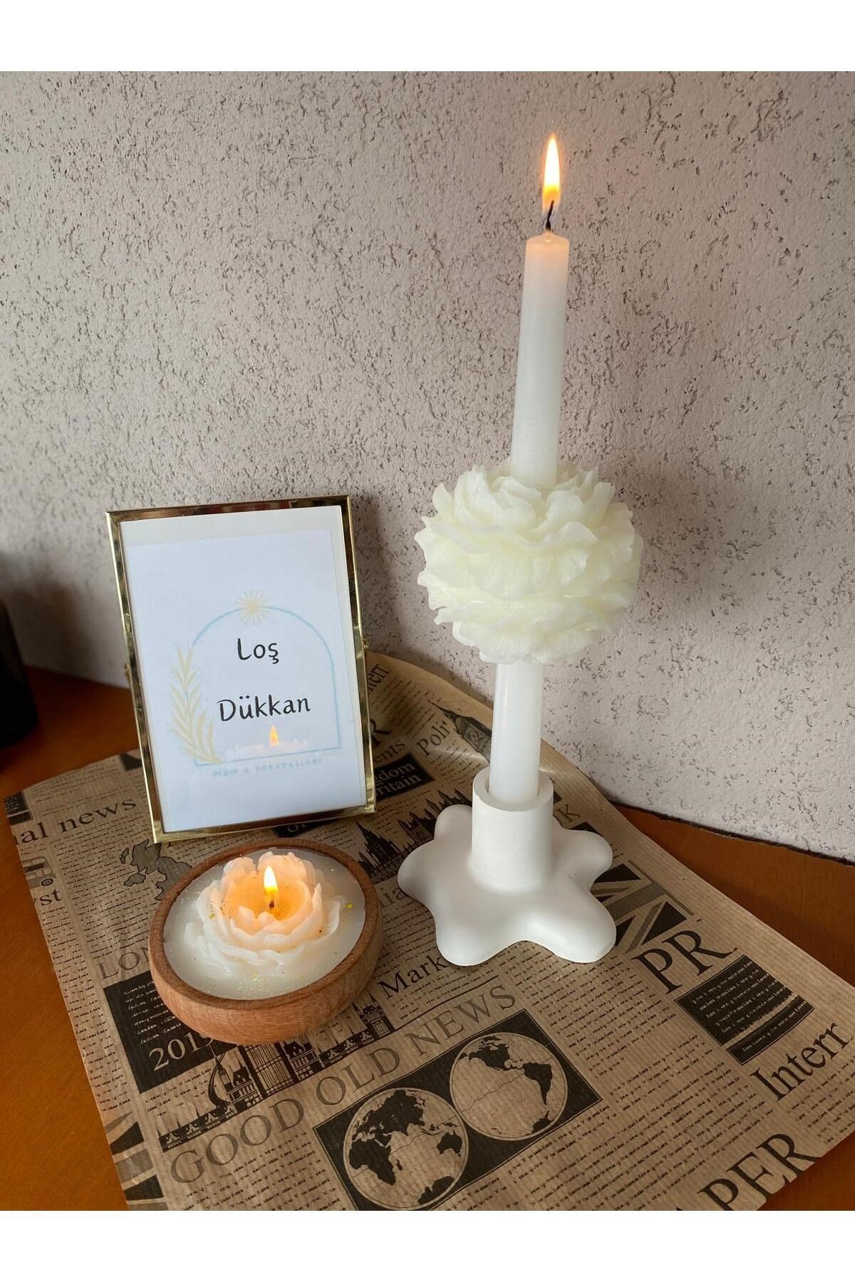 1 adet mum .Şamdanlı ne, Gül Motifli Şamdan Mum Ve beton Şamdan, Hediyelik, Dekoratif