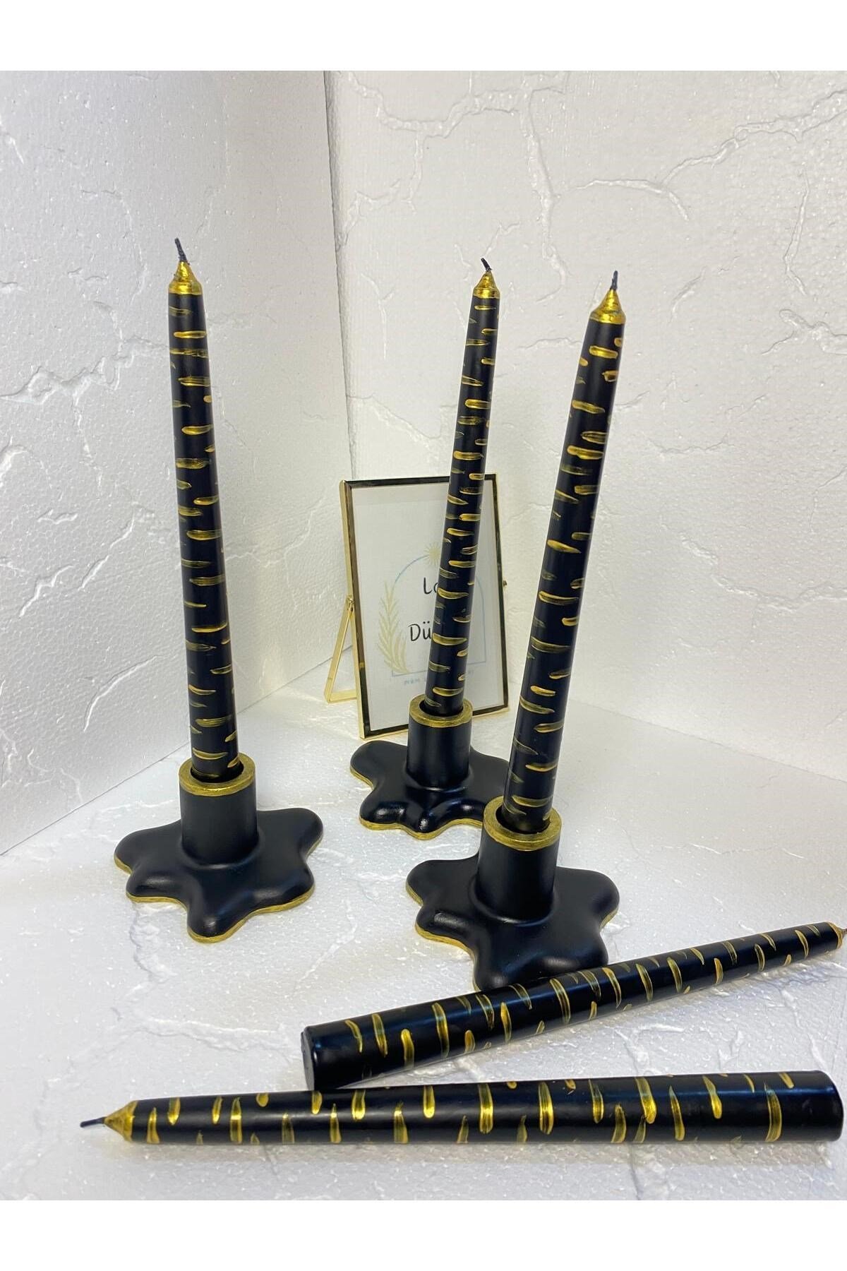 1 Adet Siyah Üzeri Gold Zebra Desenli Şamdan Mumu