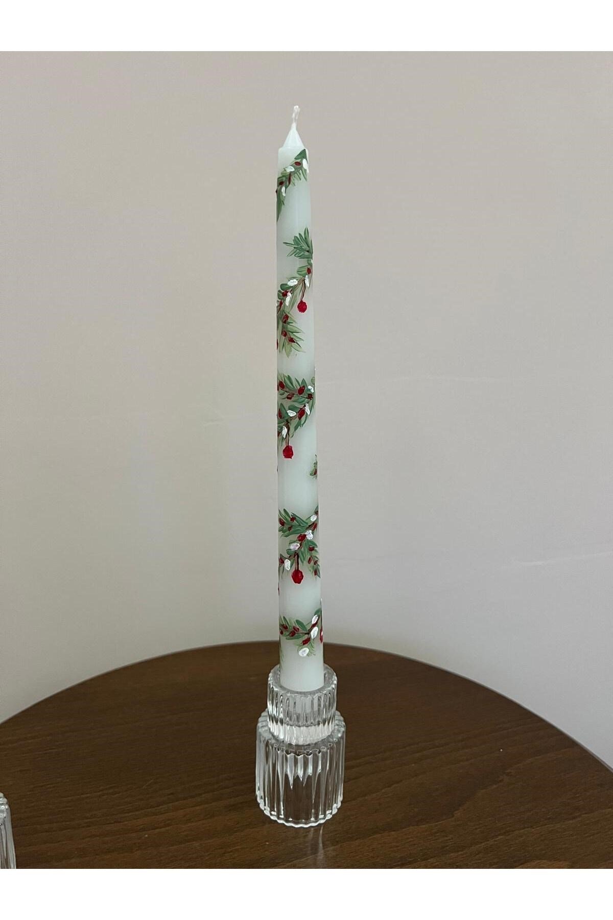 1 Adet Yeni Yıl - Noel - Yılbaşı Desenli El Çizimi Şamdan Mumu