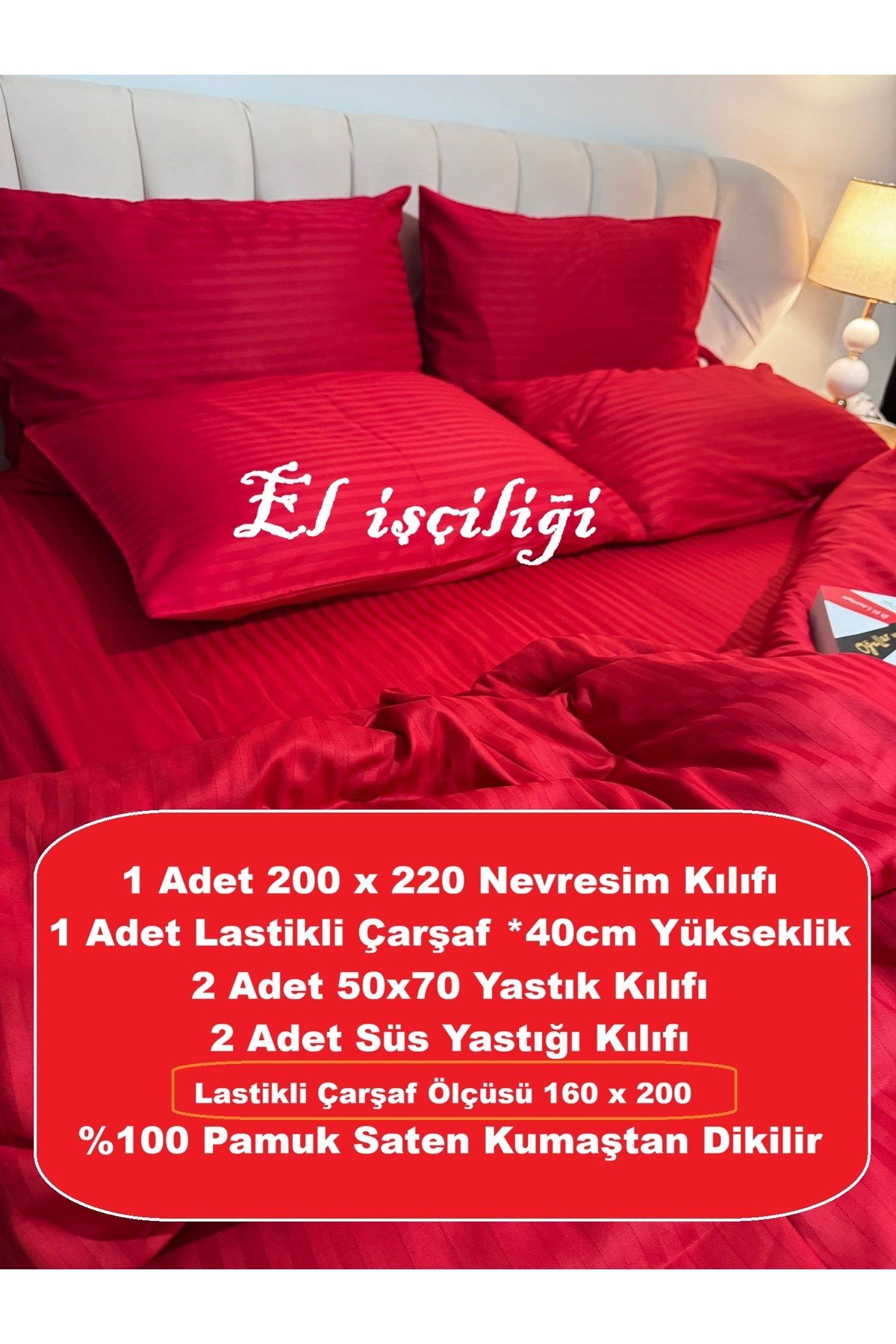 %100 Pamuk Saten Kırmızı Çizgili Çift Kişilik Nevresim Kılıfı Takımı