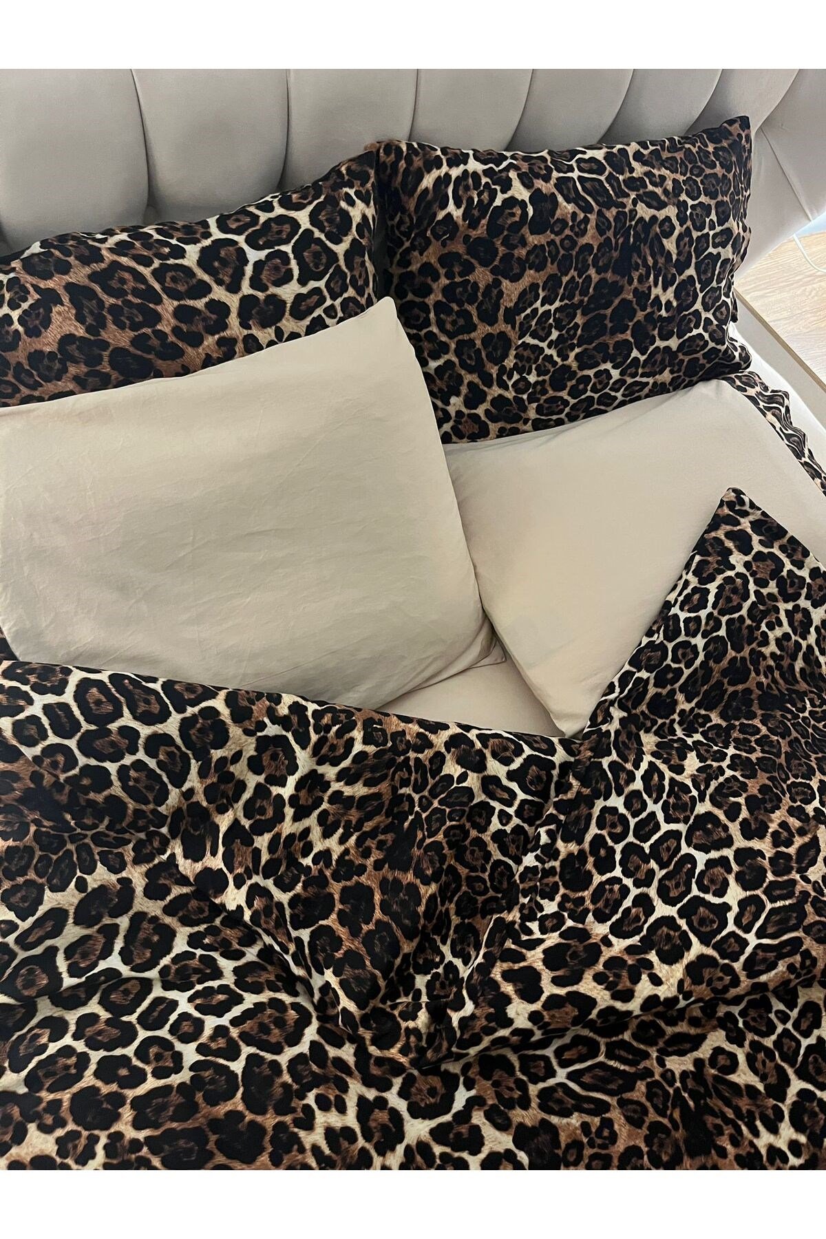 %100 Pamuk Saten Leopar Desenli Çift Kişilik Nevresim Takımı 6 Parça