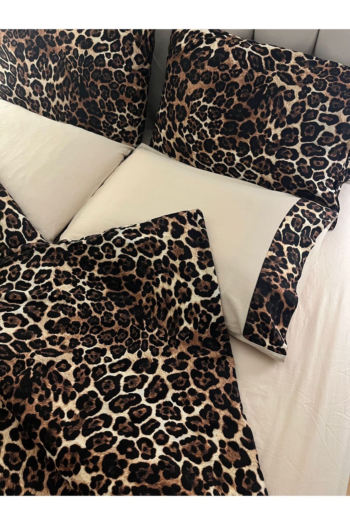 %100 Pamuk Saten Leopar Desenli Çift Kişilik Nevresim Takımı 6 Parça