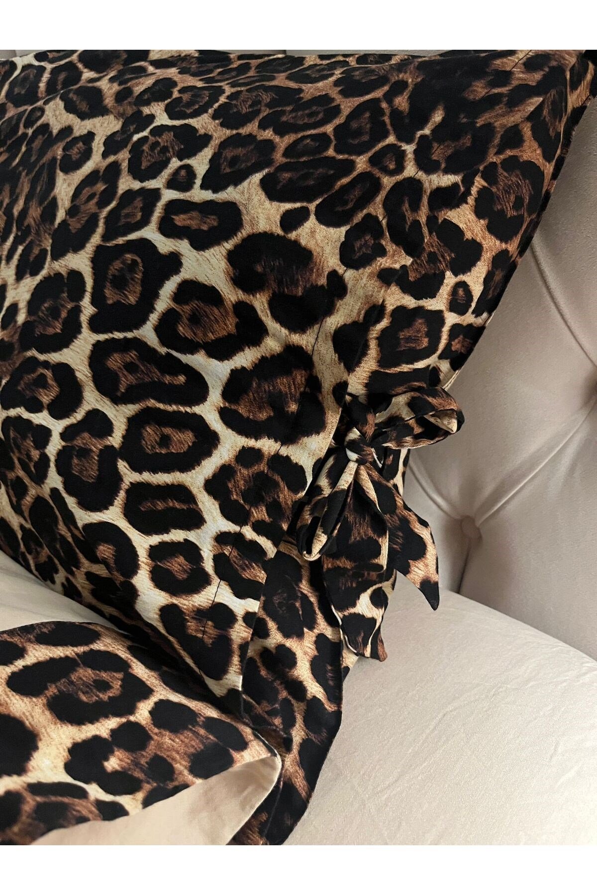 %100 Pamuk Saten Leopar Desenli Çift Kişilik Nevresim Takımı 6 Parça