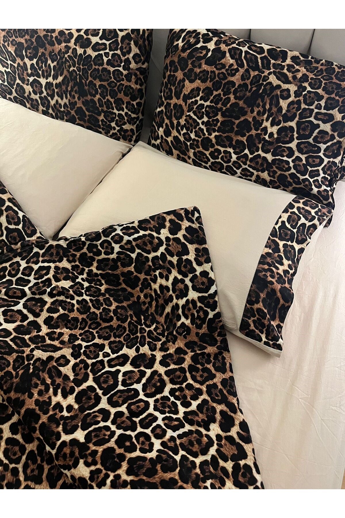 %100 Pamuk Saten Leopar Desenli Çift Kişilik Nevresim Takımı 6 Parça