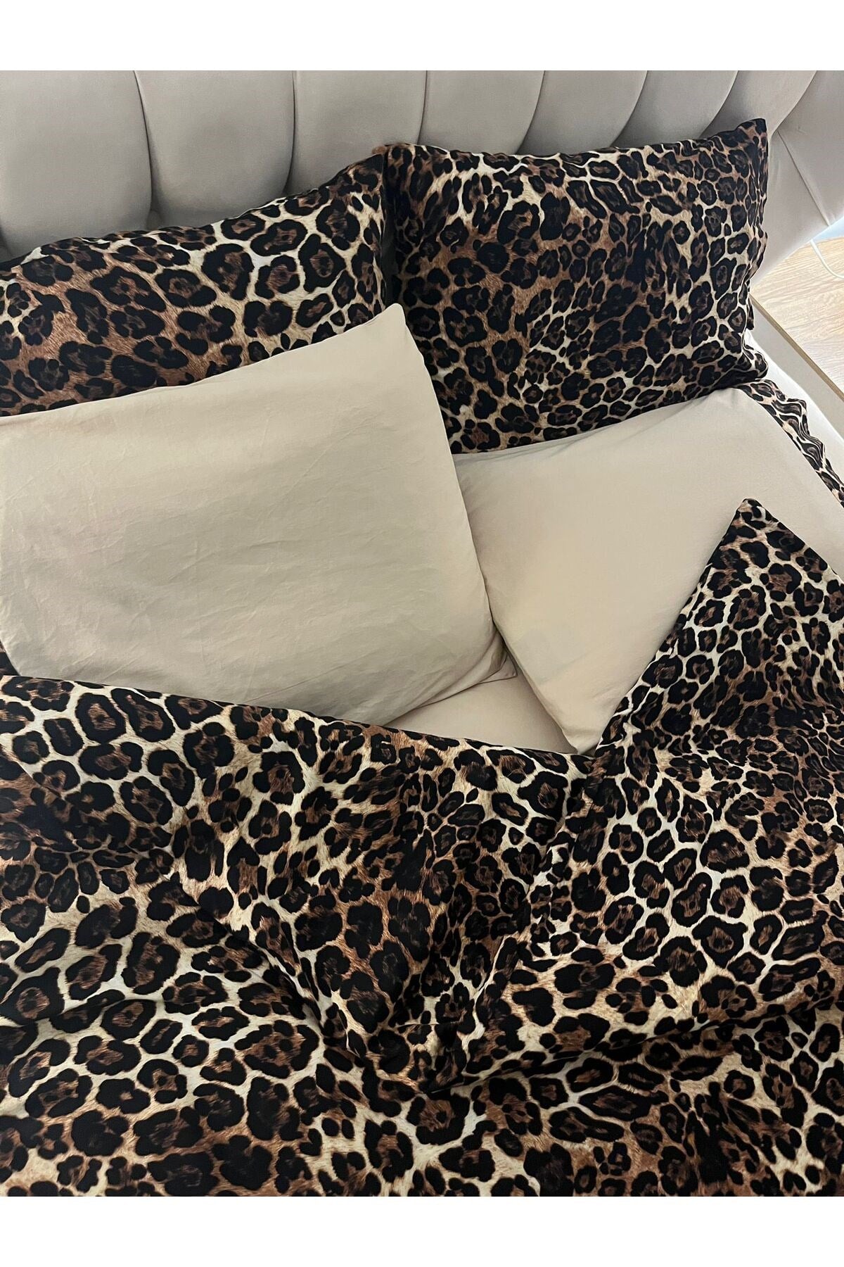 %100 Pamuk Saten Leopar Desenli Çift Kişilik Nevresim Takımı 6 Parça