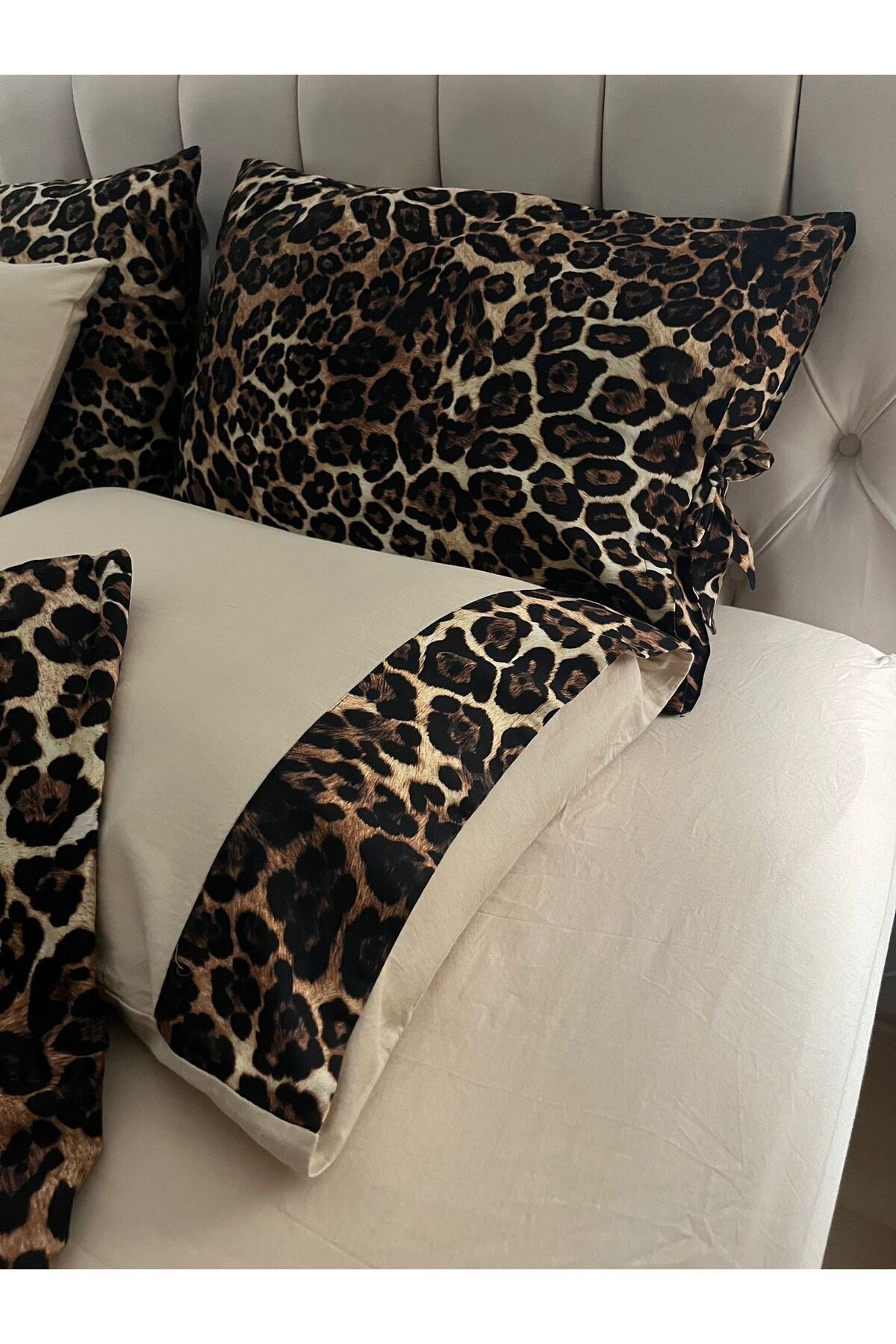 %100 Pamuk Saten Leopar Desenli Çift Kişilik Nevresim Takımı 6 Parça