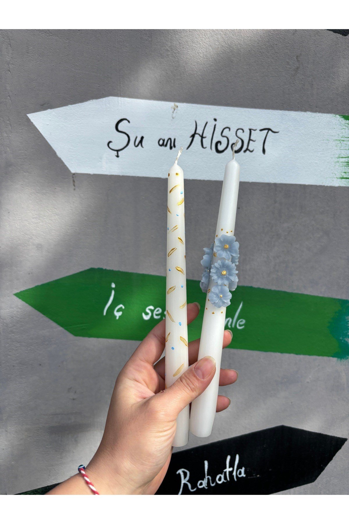 1Adet Mavi Çiçekli Şamdan Mumu Özel Tasarım