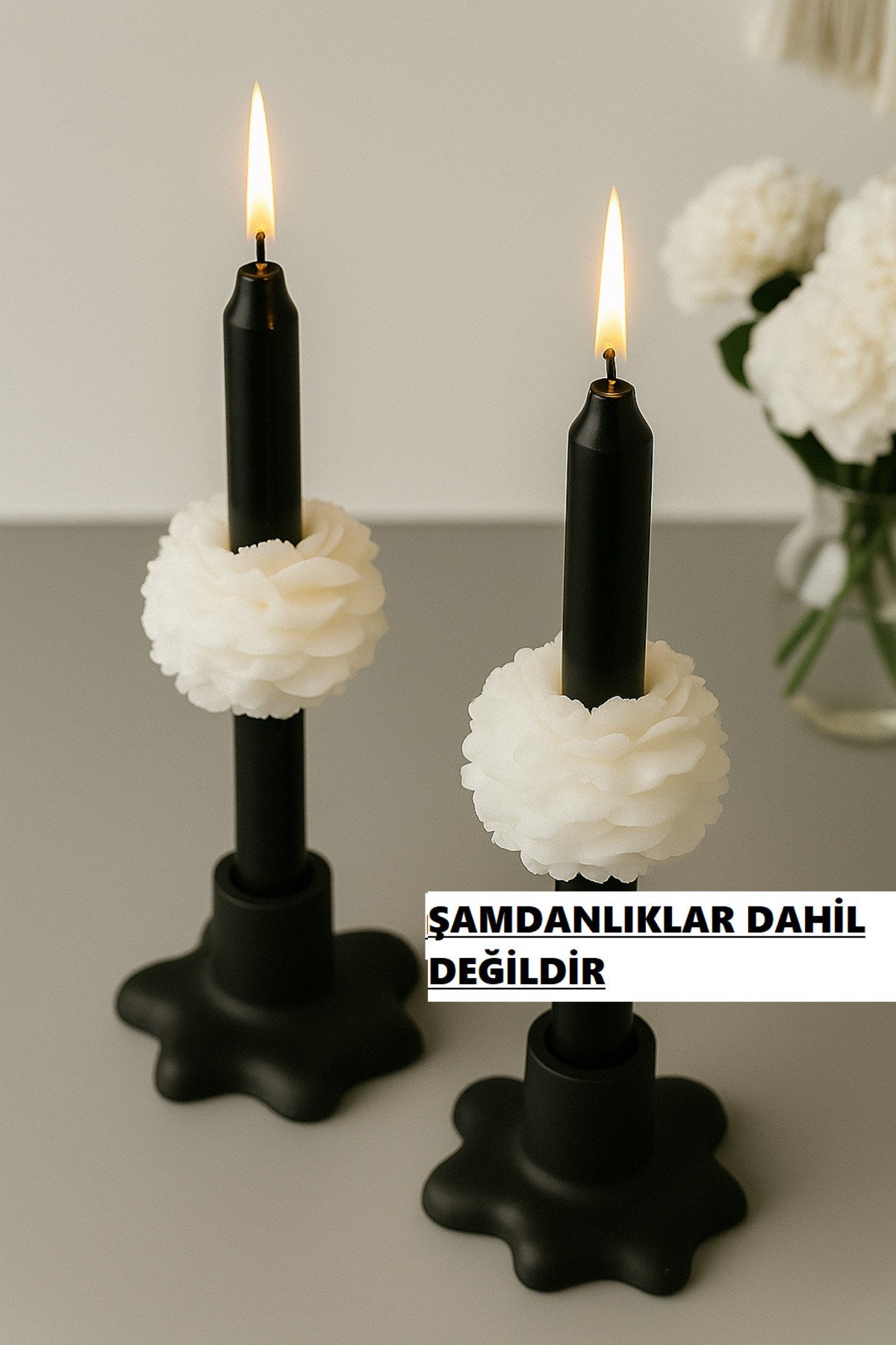 2 adet Siyah Şamdan Mumu -Özel Tasarım Çiçekli Şamdan Mumu Şakayık Çiçeği (şamdanlık dahil değil)