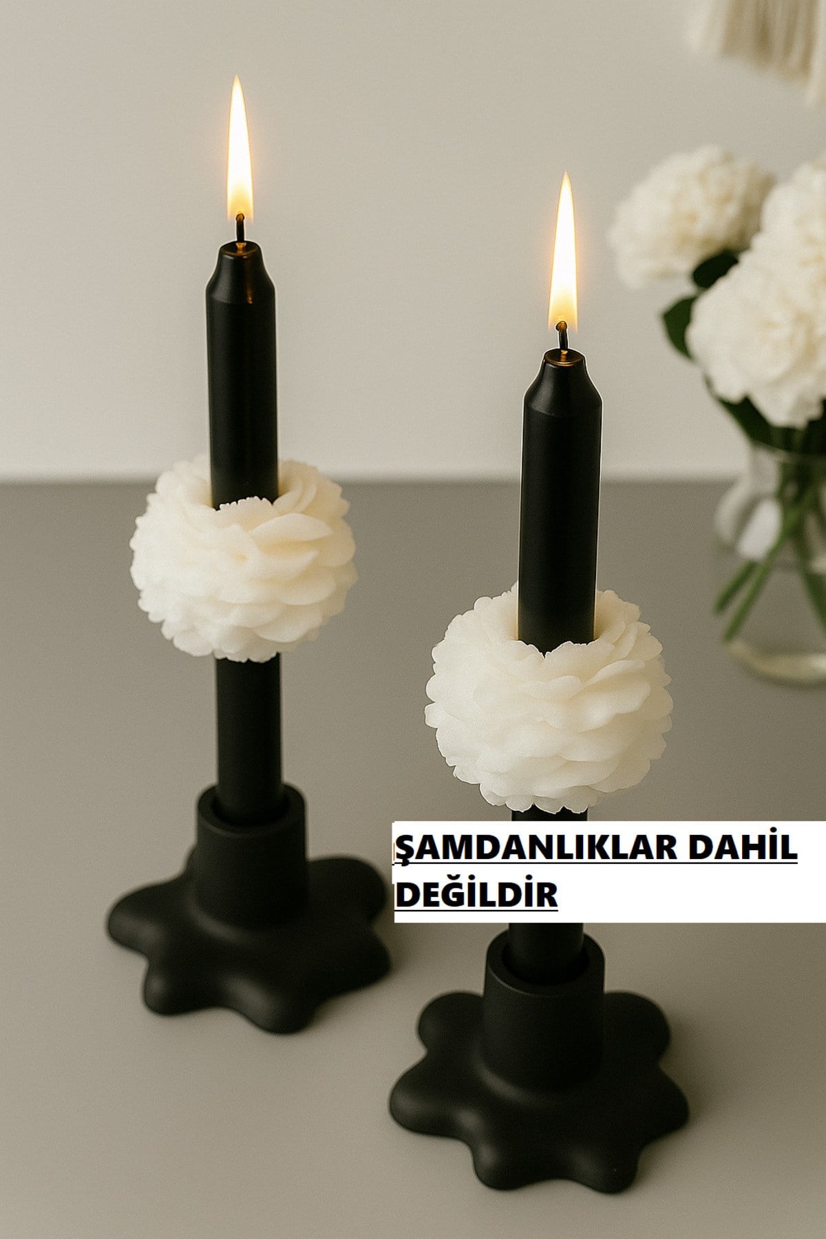 2 adet Siyah Şamdan Mumu -Özel Tasarım Çiçekli Şamdan Mumu Şakayık Çiçeği (şamdanlık dahil değil)