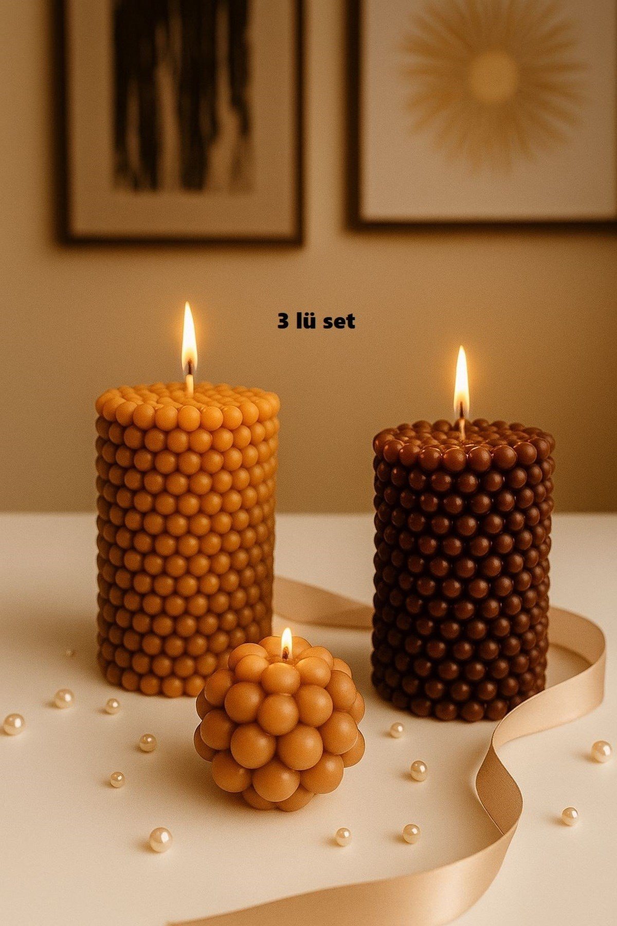 2 Silindir 1 Top 3lü Bubble Kahverengi Dekoratif Kokulu Mum Seti - Pearly Candle
