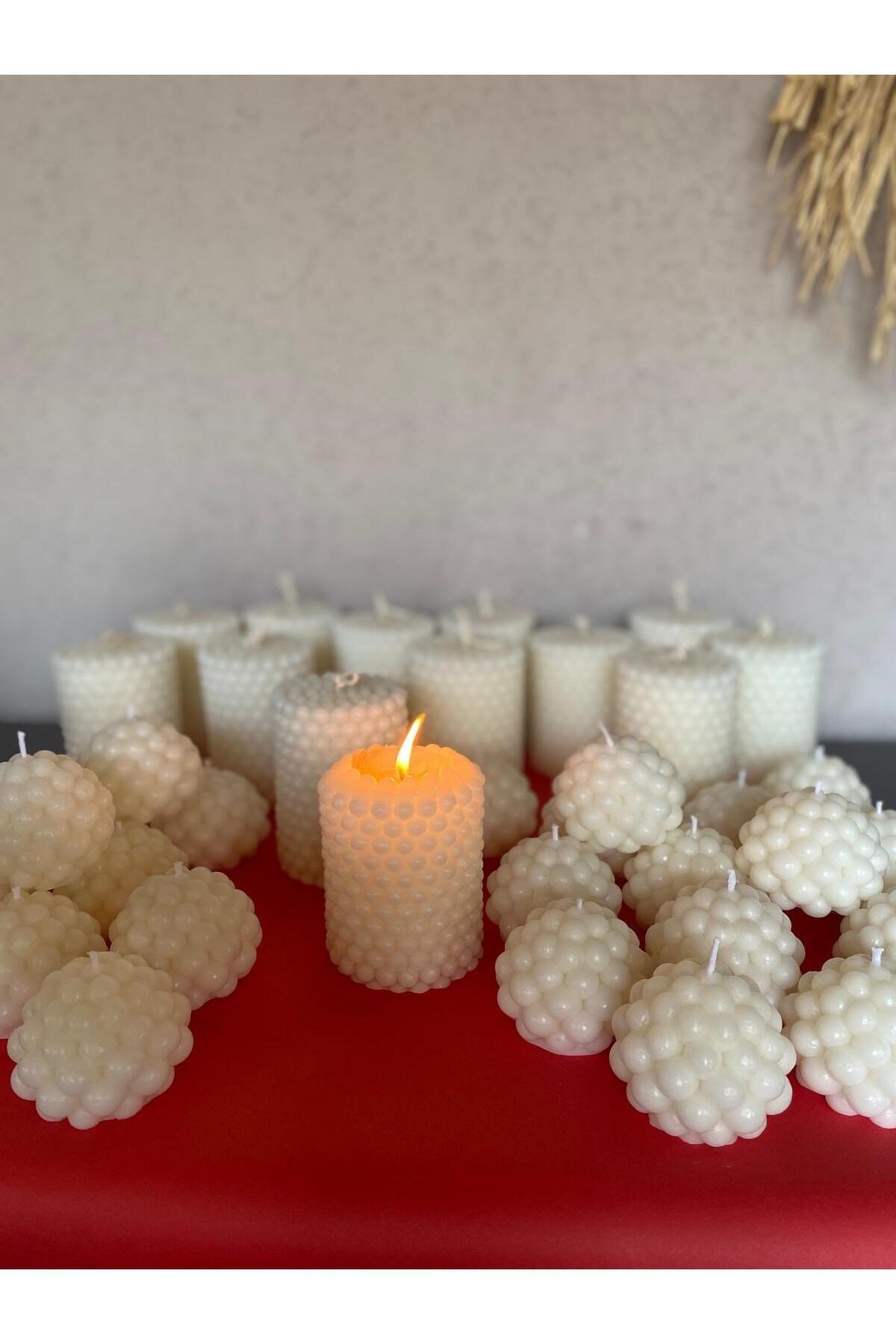 2 Top 1Silindir 3lü Bubble Dekoratif Kokulu Mum Seti - Pearly Candle - İnci Mum Soya Wax Vegan Mum