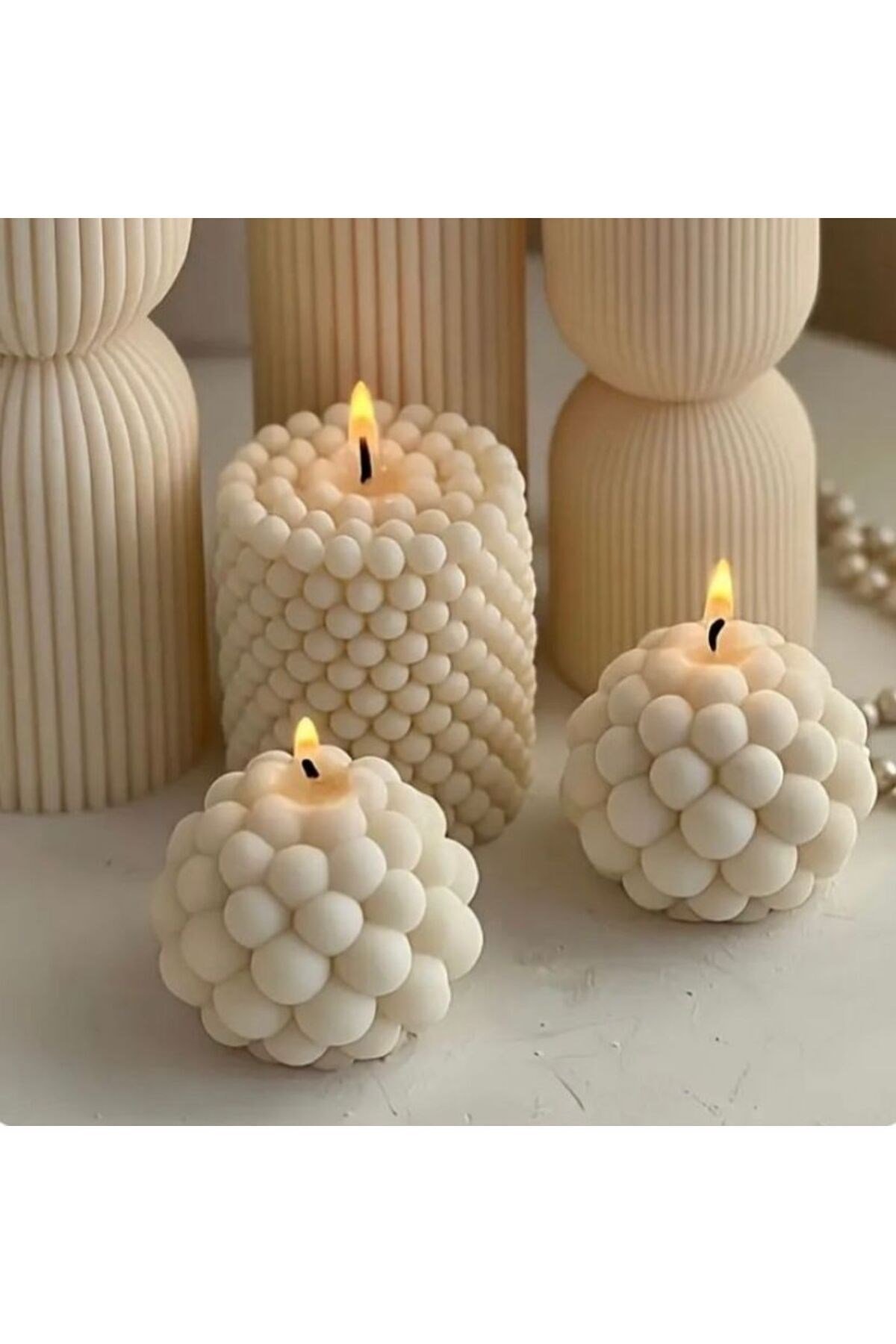 2 Top 1Silindir 3lü Bubble Dekoratif Kokulu Mum Seti - Pearly Candle - İnci Mum Soya Wax Vegan Mum