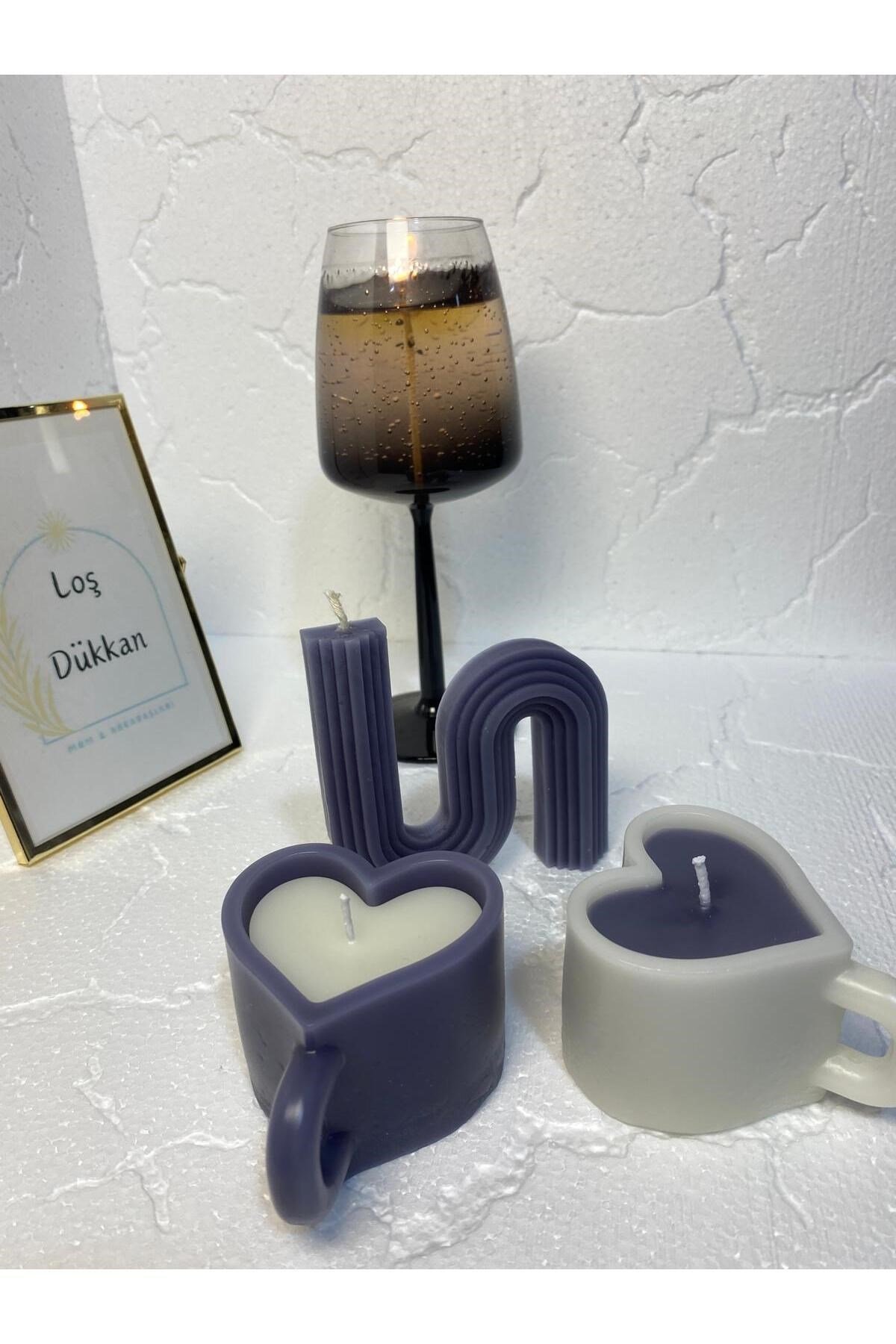 3 lü Set - S şekilli Mum,Kalpli Fincan Şekilli Mum