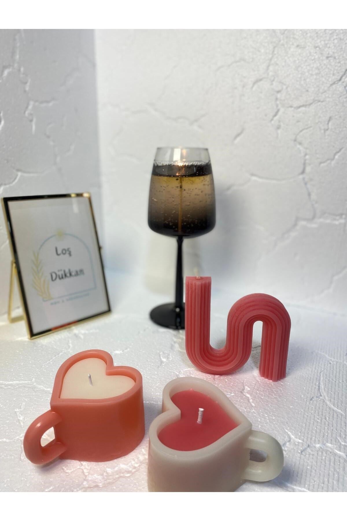3 lü Set - S şekilli Mum,Kalpli Fincan Şekilli Mum