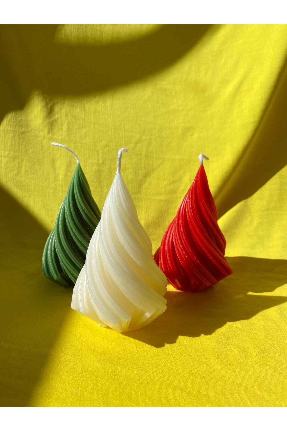 3 lü Spiral Dekoratif Dönence Yılbaşı Mum Seti Beyaz-Kırmızı-Yeşil