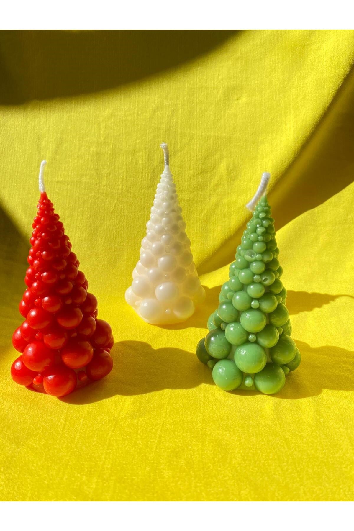 3 lü Yılbaşı Mumu - Bubble Ağaç Mum - Dekoratif Mum - Yılbaşı Konsept Mumları