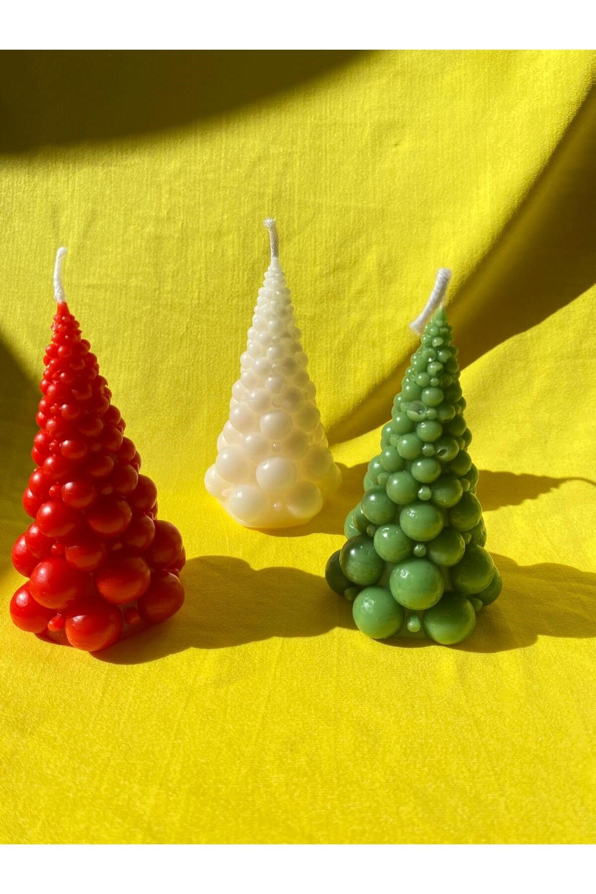 3 lü Yılbaşı Mumu - Bubble Ağaç Mum - Dekoratif Mum - Yılbaşı Konsept Mumları