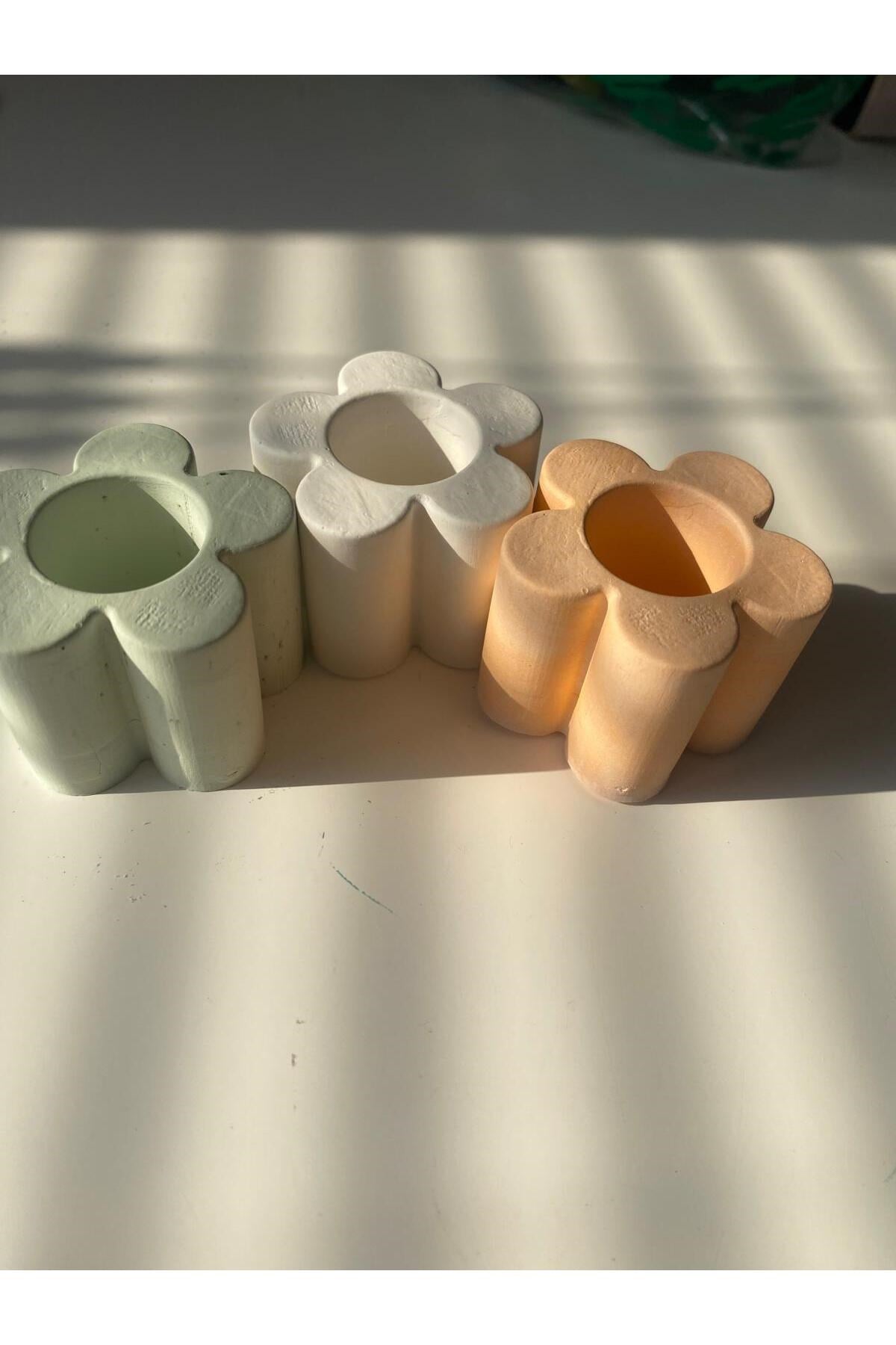 3lü Çiçek Şamdan Mum Tutucu Beton Şamdan- Şamdanlık