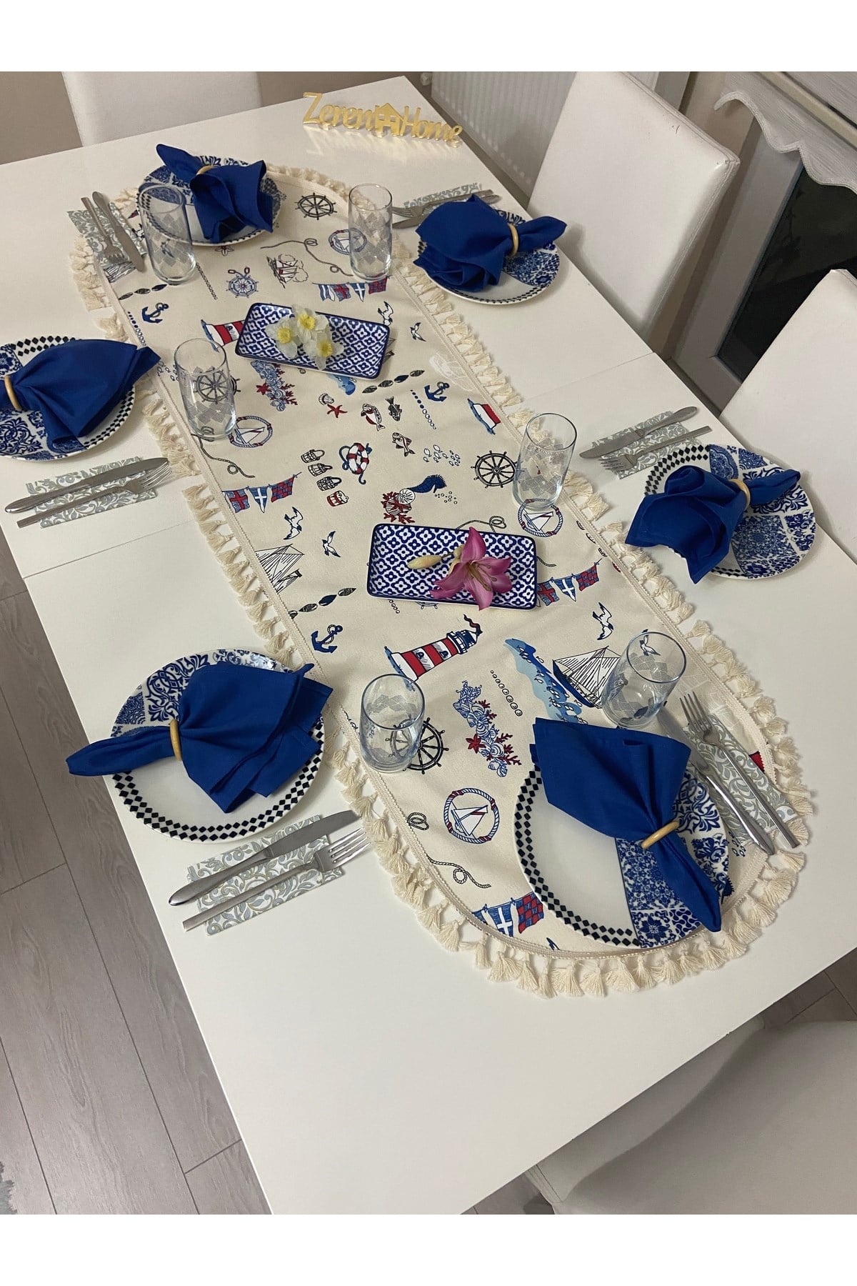 6 Peçeteli Balık Desenli Püsküllü Oval Runner 40 x 160cm