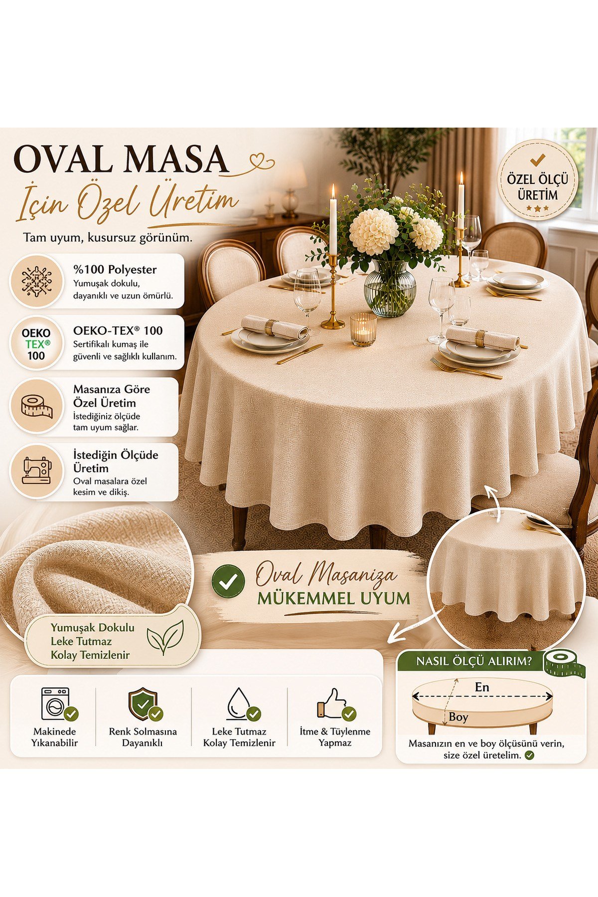 Asos Antrasit Oval Masa Örtüsü | Özel Ölçü Dikim | Leke Tutmaz | %100 Polyester | OEKO-TEX® 100 Sertifikalı
