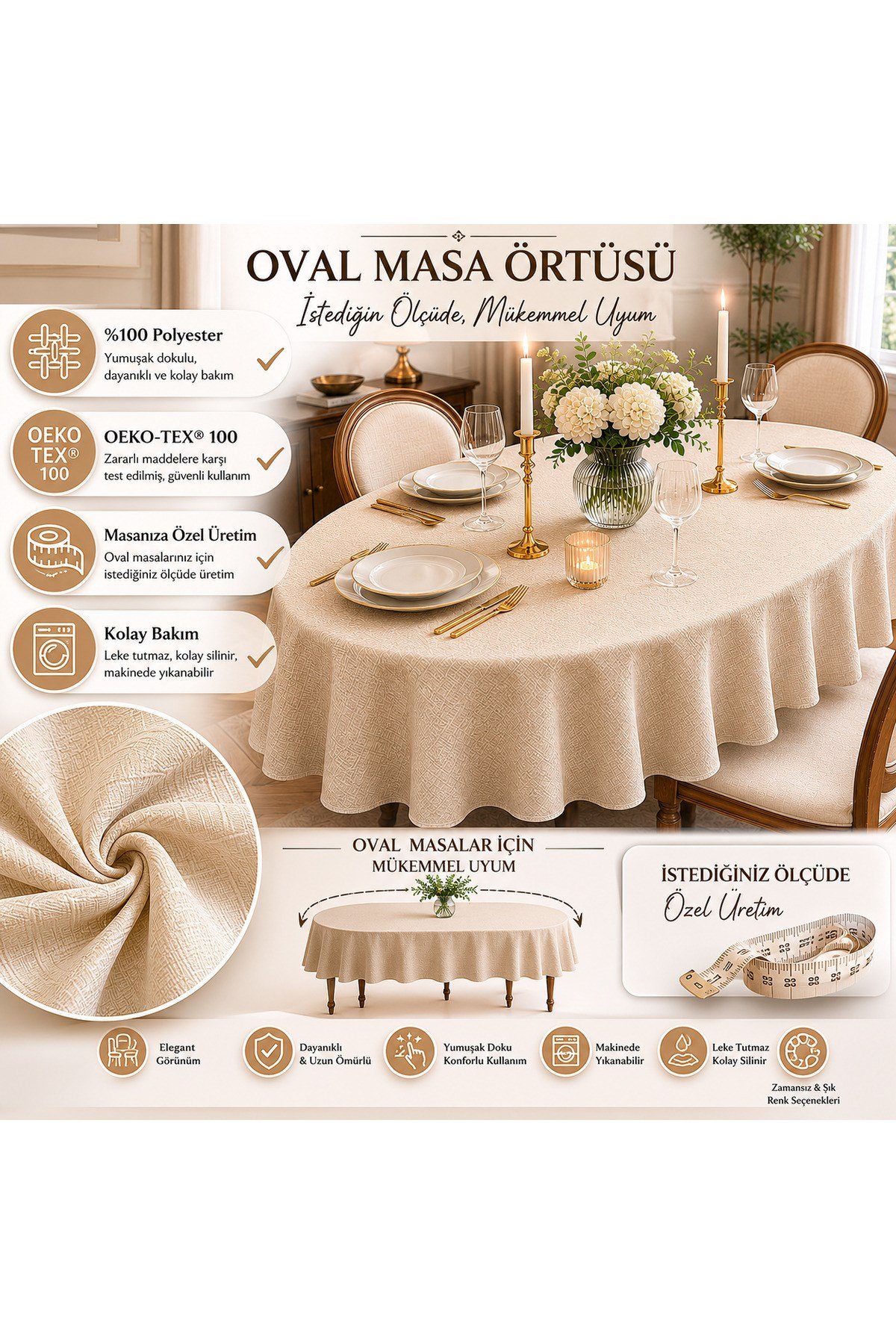 Asos Lacivert Oval Masa Örtüsü | Özel Ölçü Dikim | Leke Tutmaz | %100 Polyester | OEKO-TEX® 100 Sertifikalı