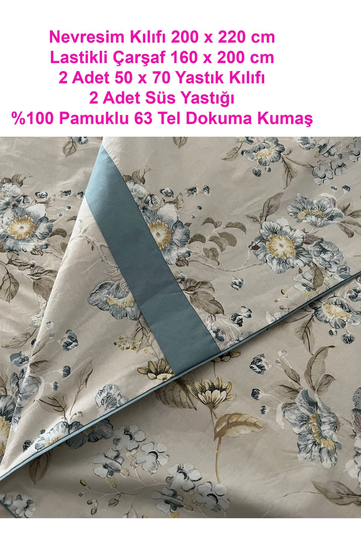 Biye Detaylı Çiçek Desenli Çift Kişilik Patlı Nevresim Takımı 6 Parça