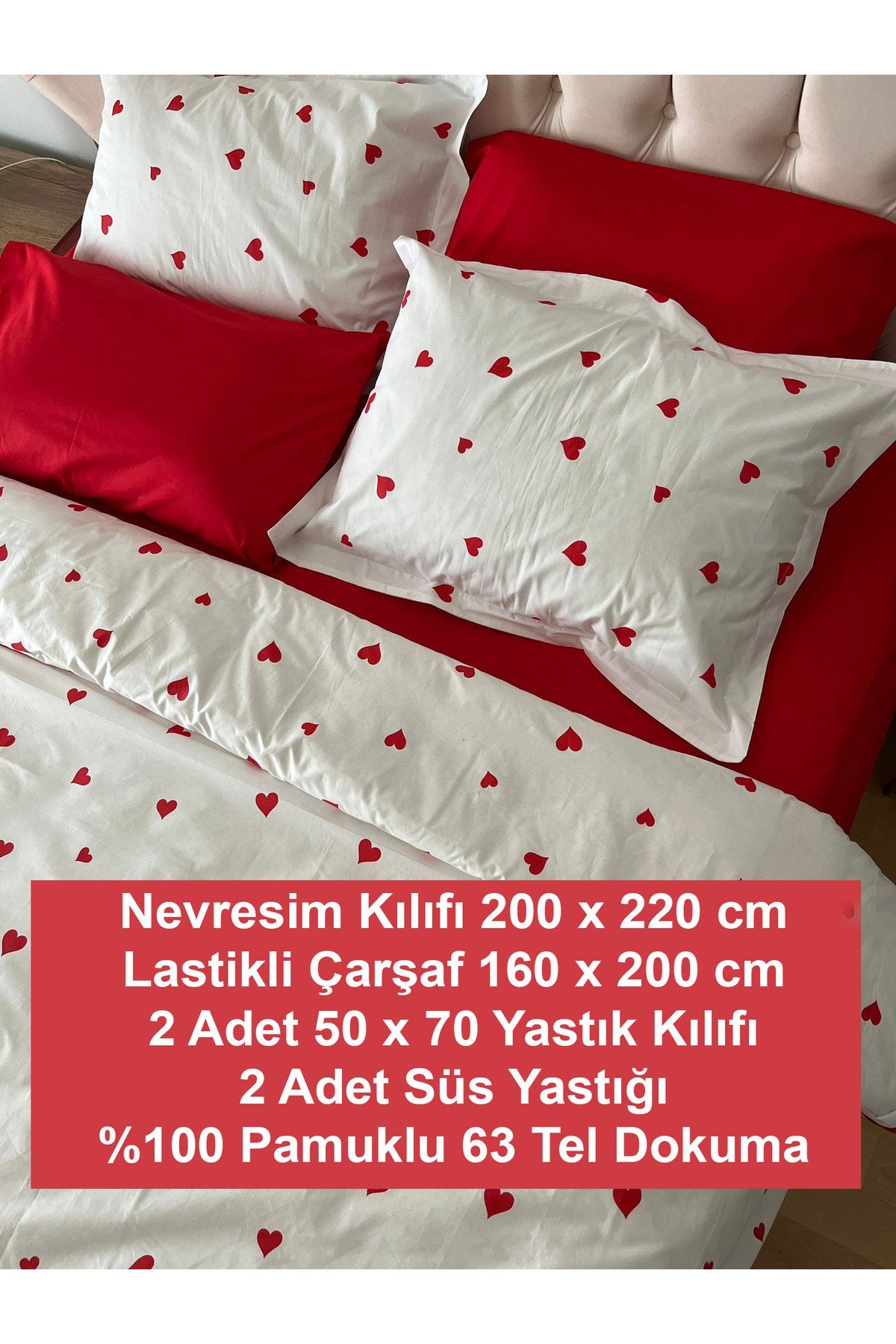 Biye Detaylı Kalp Desenli Çift Kişilik Patlı Nevresim Takımı 6 Parça