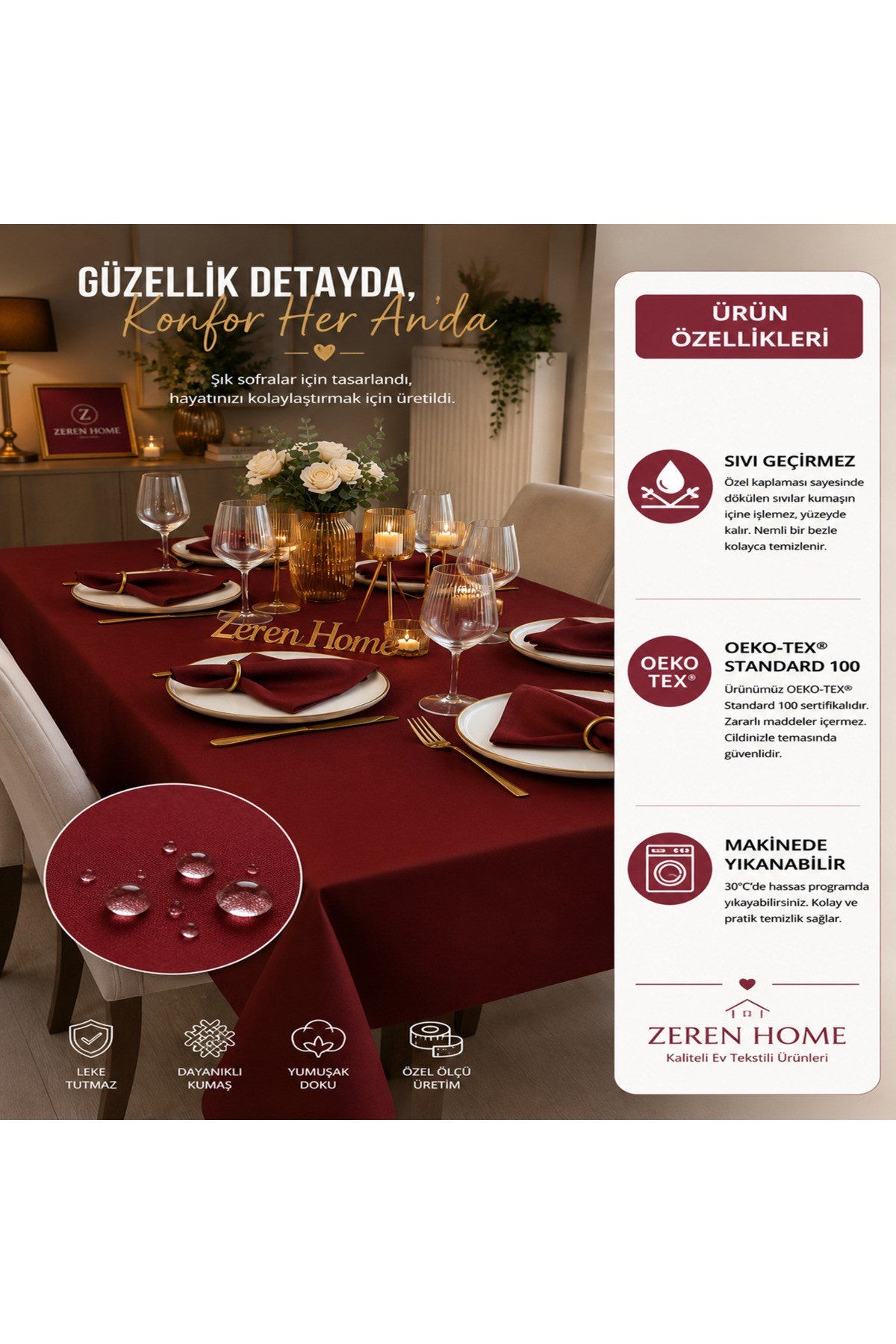 Bordo Keten Masa Örtüsü | Sıvı Geçirmez & Leke Tutmaz | Özel Ölçü Üretim | OEKO-TEX® 100