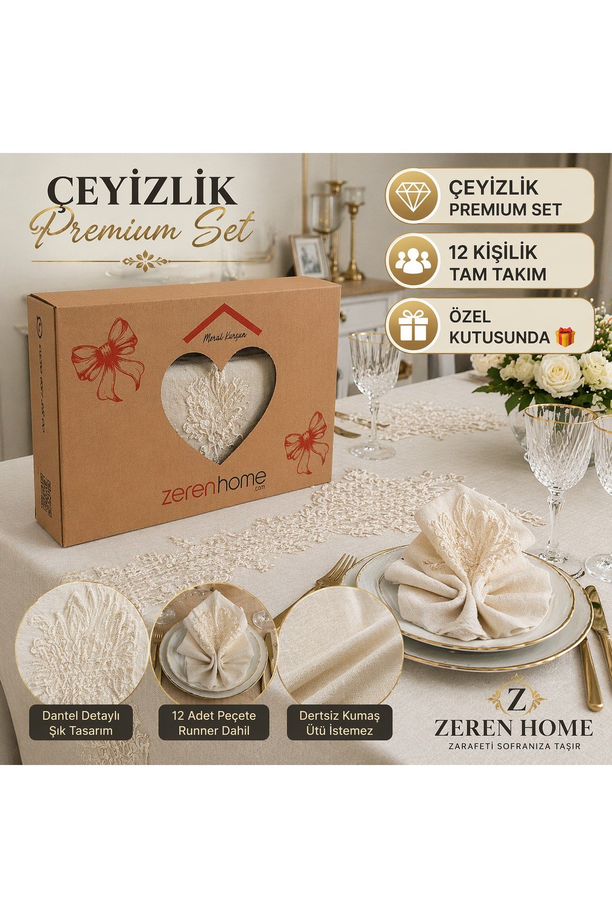 Çeyizlik Lotus Dantel Detaylı Masa Örtüsü Takımı – Runner + 12 Peçete | Özel Kutusunda | Simli Gold