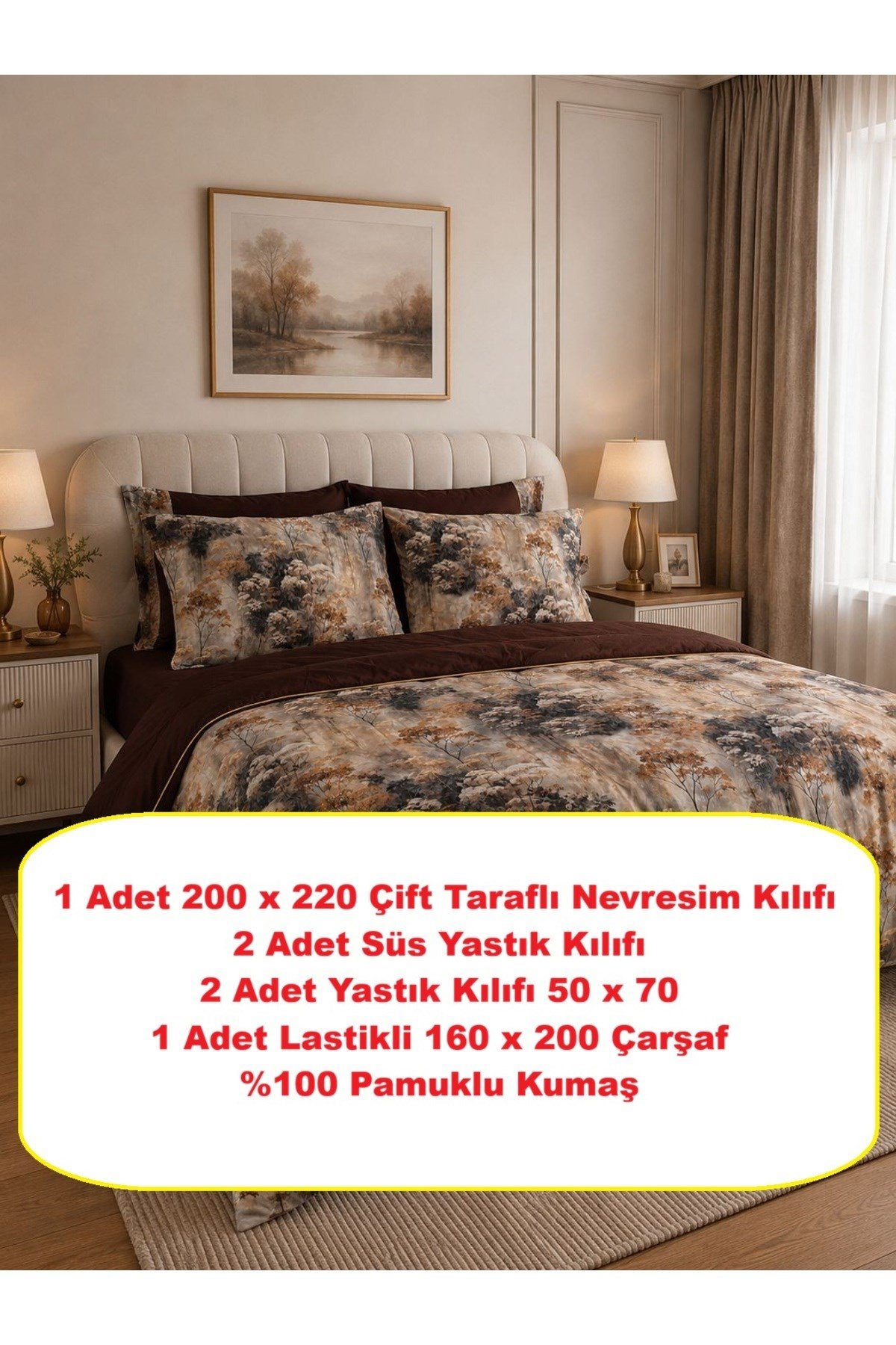 Çeyizlik Premium Nevresim Takımı | Özel Kutulu | Doğa Desenli Kahve Bej Nevresim Seti | Şık Yatak Odası Takım - 6 Parça