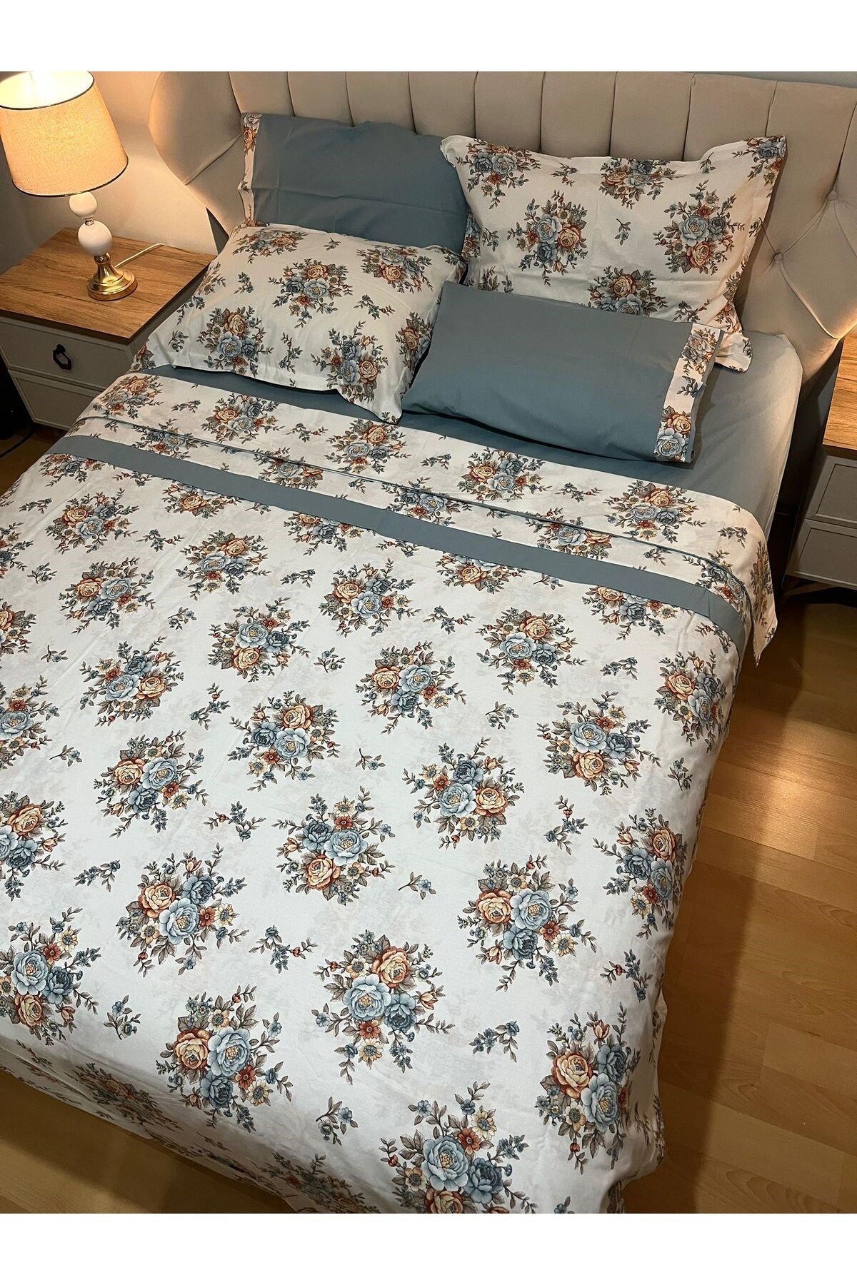 Çiçek Desenli %100 Pamuk Çift Kişilik Nevresim Takımı 6 Parça Set - İndigo