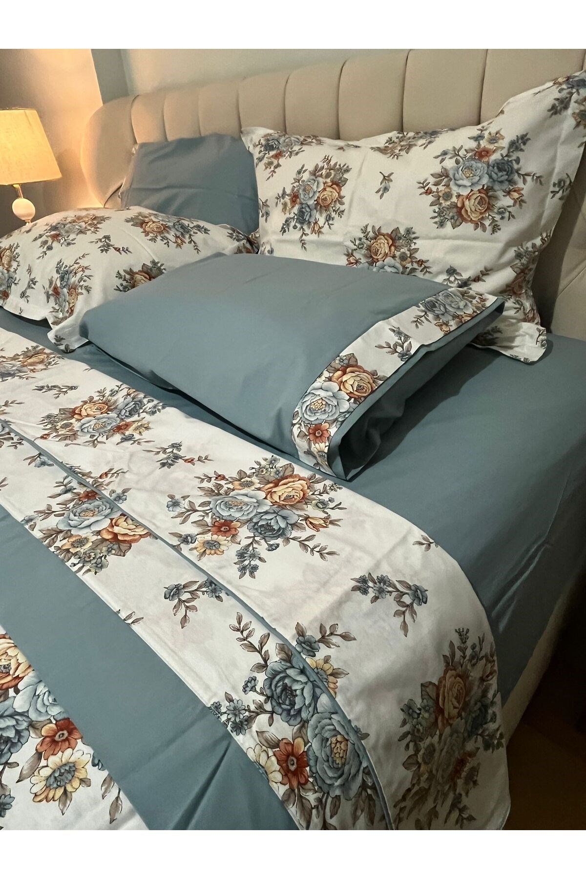 Çiçek Desenli %100 Pamuk Çift Kişilik Nevresim Takımı 4 Parça Set - İndigo