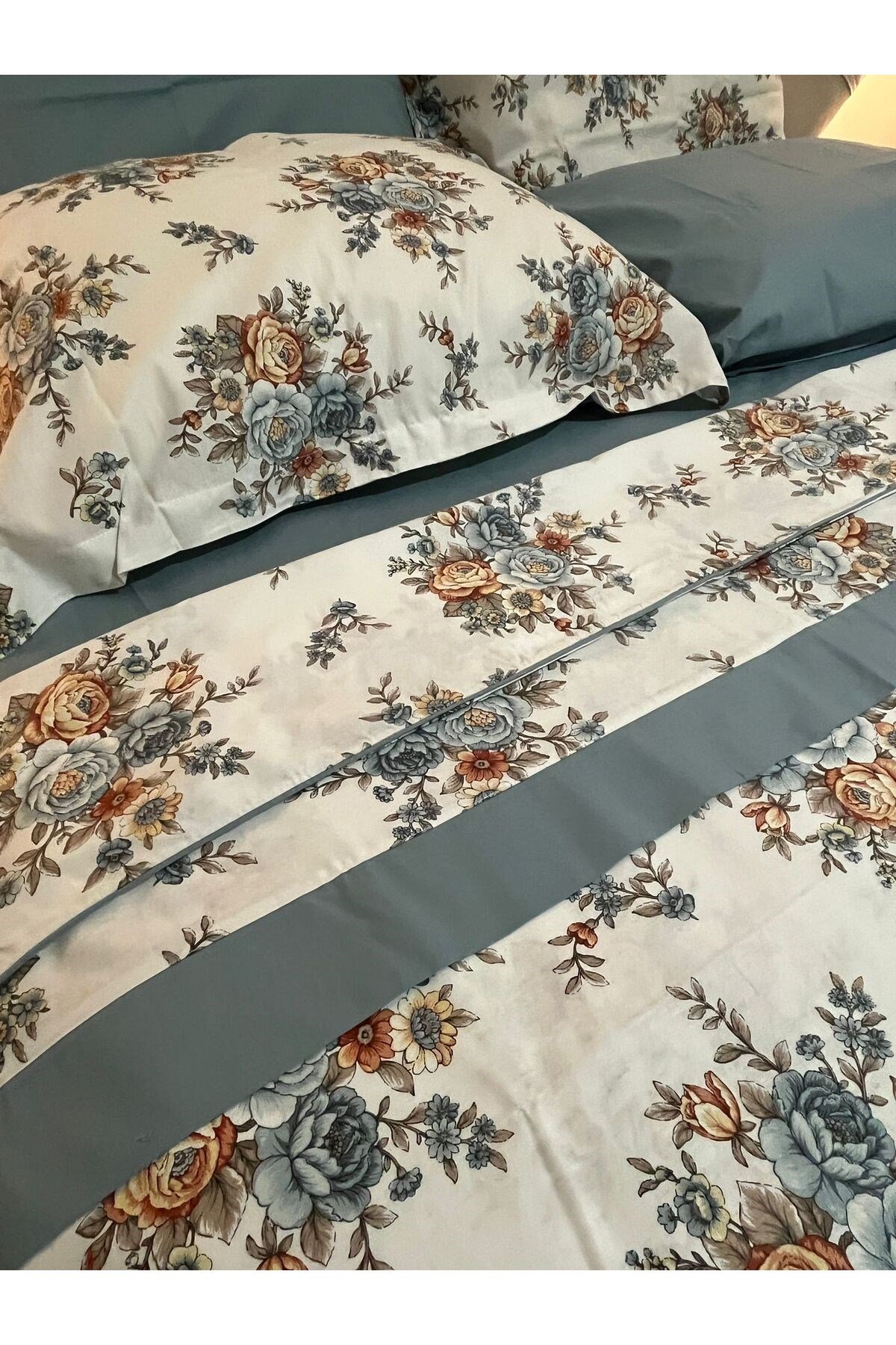 Çiçek Desenli %100 Pamuk Çift Kişilik Nevresim Takımı 6 Parça Set - İndigo