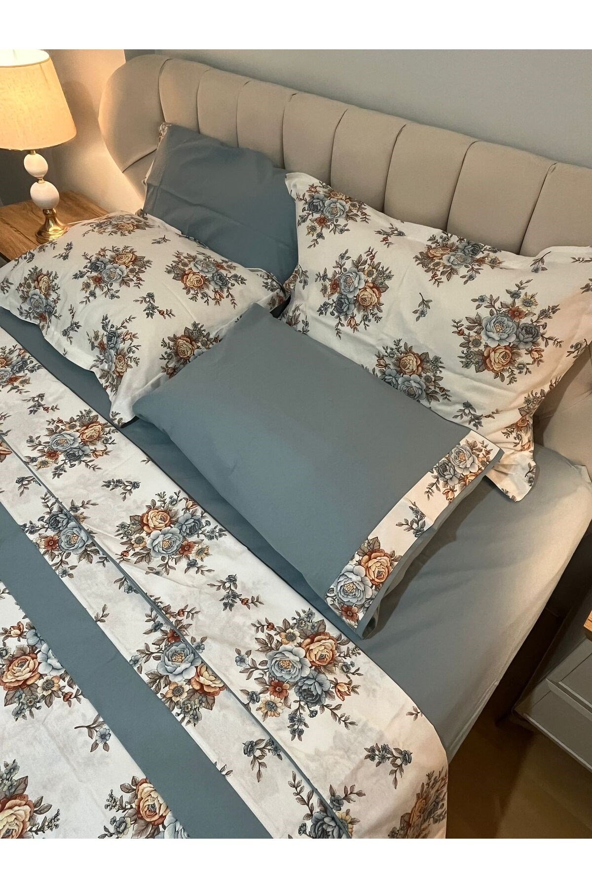 Çiçek Desenli %100 Pamuk Çift Kişilik Nevresim Takımı 4 Parça Set - İndigo