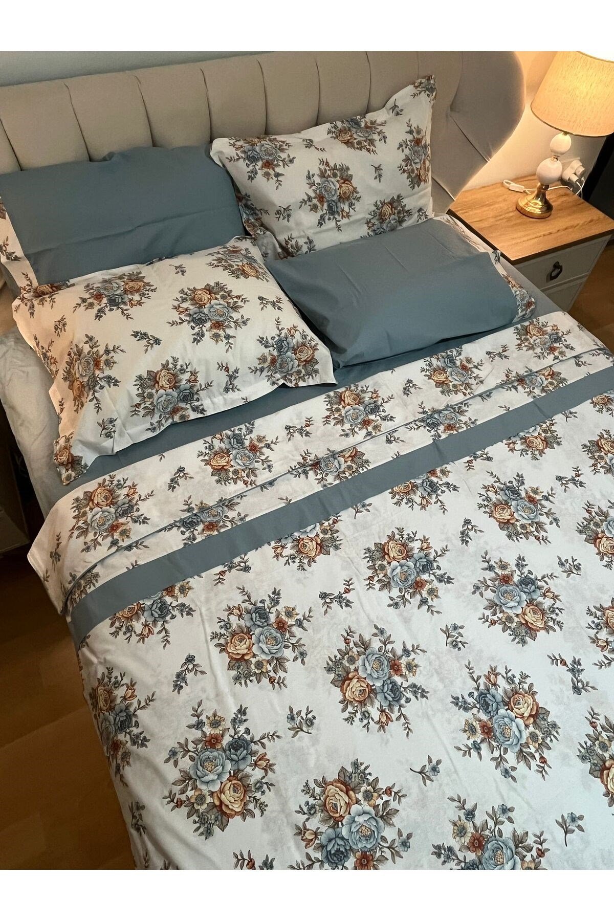 Çiçek Desenli %100 Pamuk Çift Kişilik Nevresim Takımı 6 Parça Set - İndigo