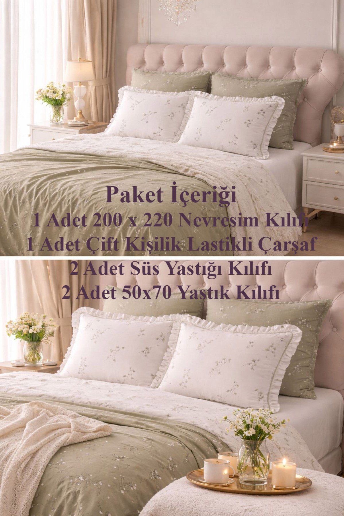 Çiçek Desenli Fırfır Detaylı Nevresim Takımı Soft Yeşil Beyaz Çeyizlik Şık Yatak Odası Seti 6 Parça