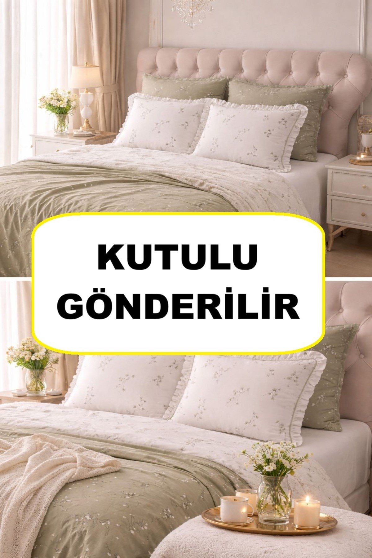 Çiçek Desenli Fırfır Detaylı Nevresim Takımı Soft Yeşil Beyaz Çeyizlik Şık Yatak Odası Seti 6 Parça
