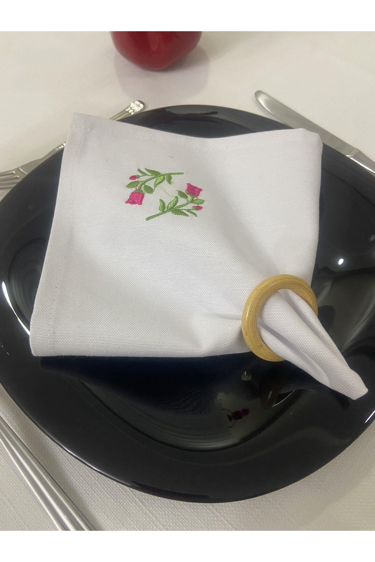 Çiçek Nakışlı Keten Servis Sunum Peçetesi 6 Adet 35cm x 35cm