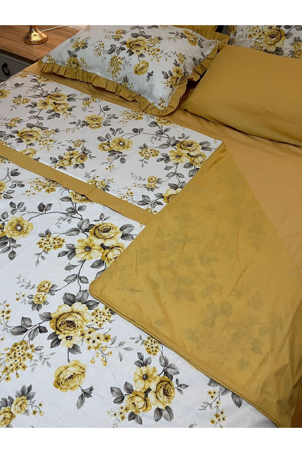 Çiçekli Çift Taraflı %100 Pamuk Çift Kişilik Nevresim Takımı 6 Parça Set - Hardal