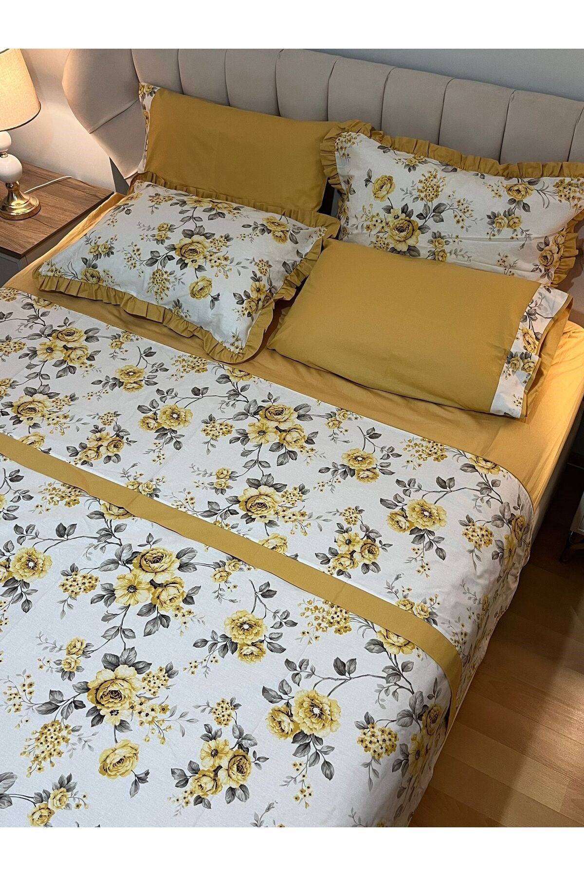 Çiçekli Çift Taraflı %100 Pamuk Çift Kişilik Nevresim Takımı 6 Parça Set - Hardal